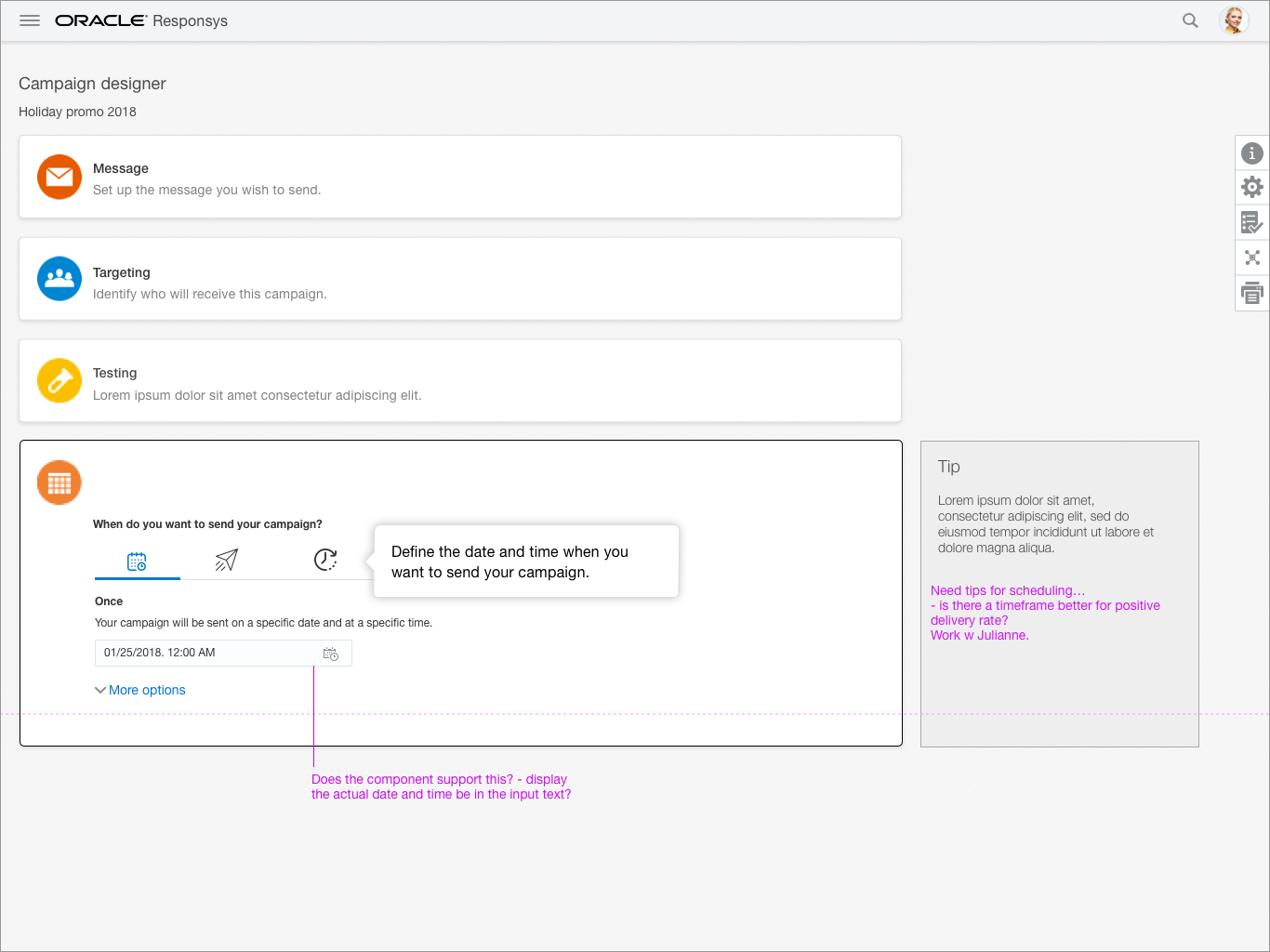 Wireframe showing how to guide users with prompts and adding tips pertinent to the step that is being configured