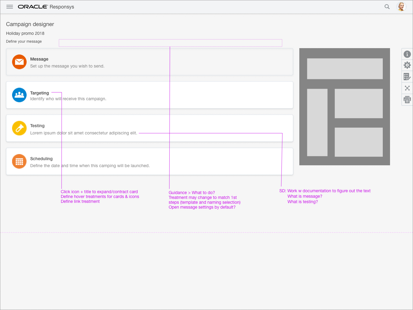 Wireframe of early explorations of the Campaign set-up