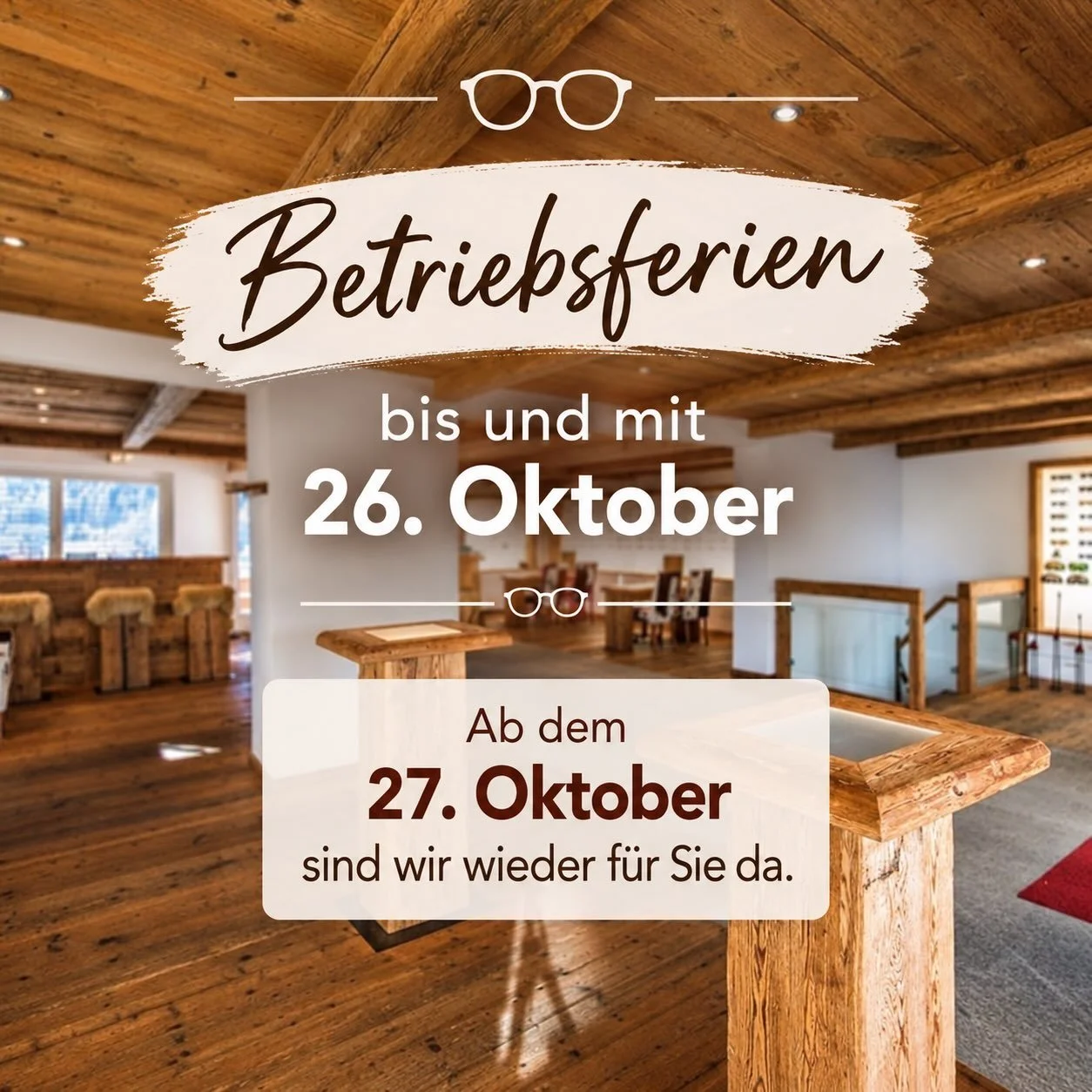 Wir haben bis und mit 26. Oktober Betriebsferien.

Ab dem 27. Oktober sind wir wieder f&uuml;r Sie da und freuen uns auf Ihren Besuch.

#betriebsferien #giovanolioptik #pontresina