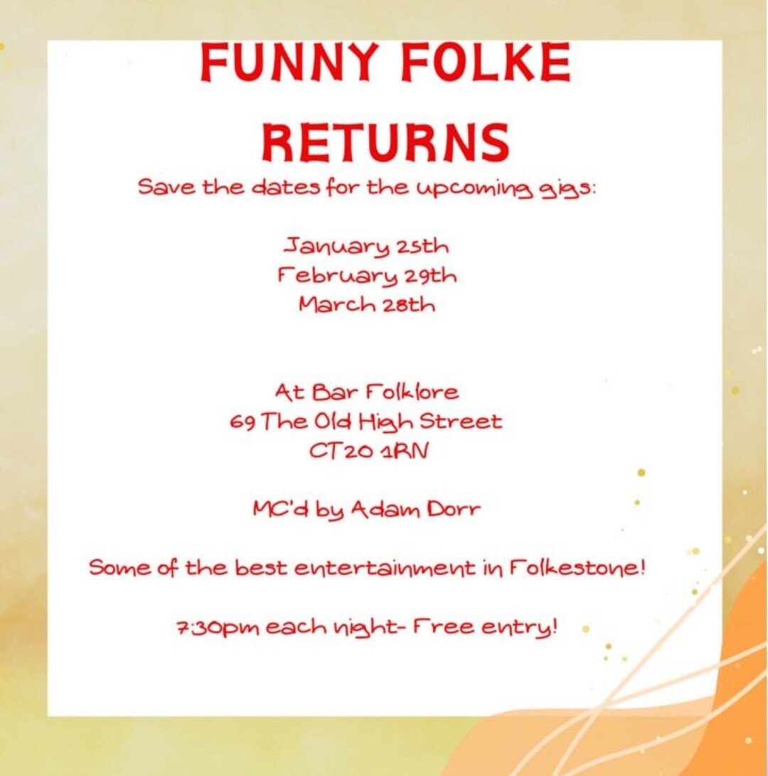 Funny Folk is back!

Adam Dorr has teamed up with several brilliant comedians to create a brand new comedy show in Folkestone.

Free entry but donations on entry are very apricated. 

Happy hour &pound;5 cocktails from 5pm so get in early to grab you