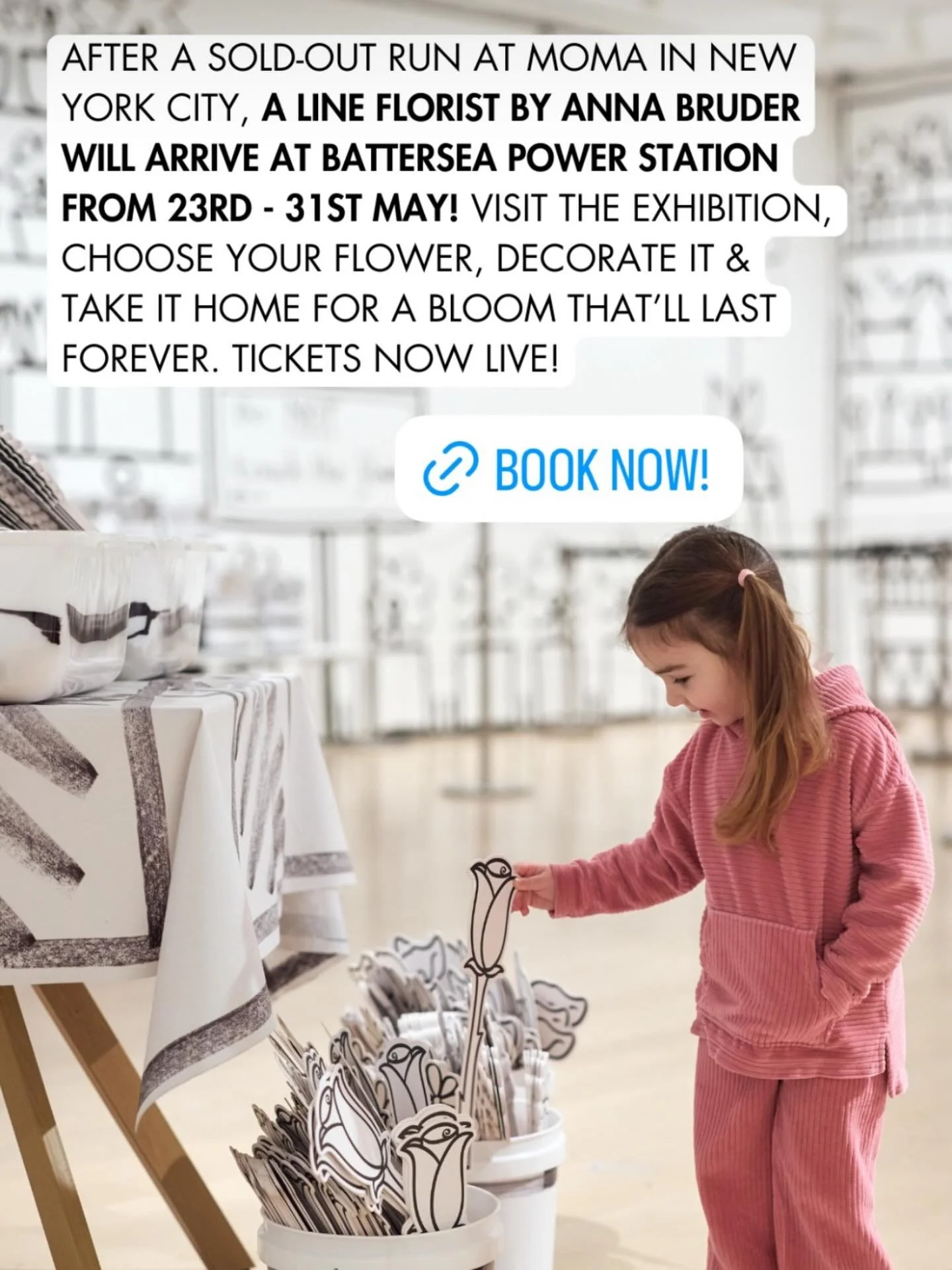 A Line Florist @batterseapwrstn for halfterm 23-31 May. Inside the pop-up, you&rsquo;ll find daisies, and roses, and lilies (oh my!), all hand-drawn in Anna Bruder&rsquo;s signature style &mdash; bold black outlines set against a crisp white backgrou