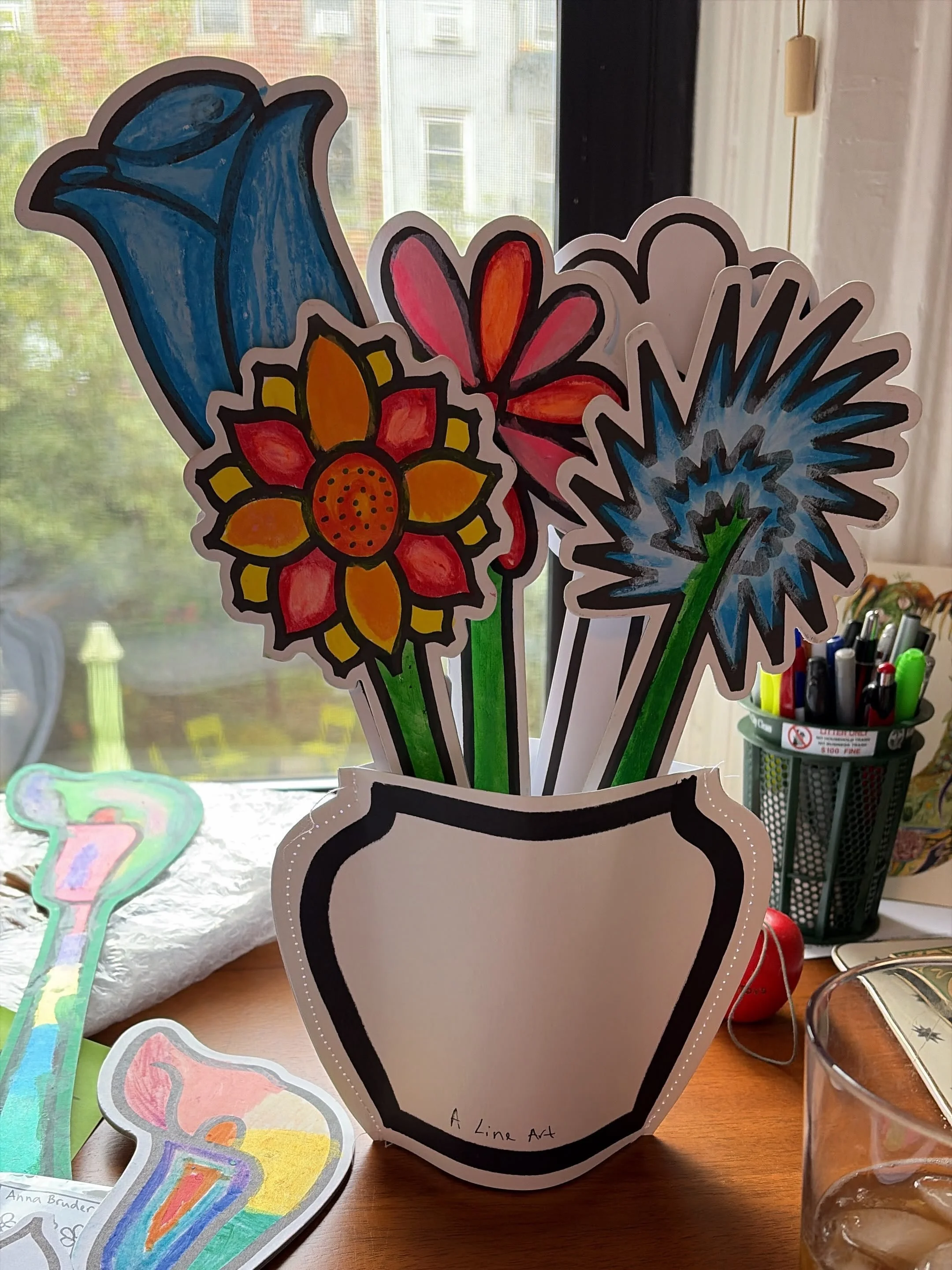 A fantastic bunch of flowers and vase. Hand drawn and beautifully colored. Photo Credit Robin Sayetta. #alineflorist #annabrudercreations #alineart #originalartist #handdrawnflowers