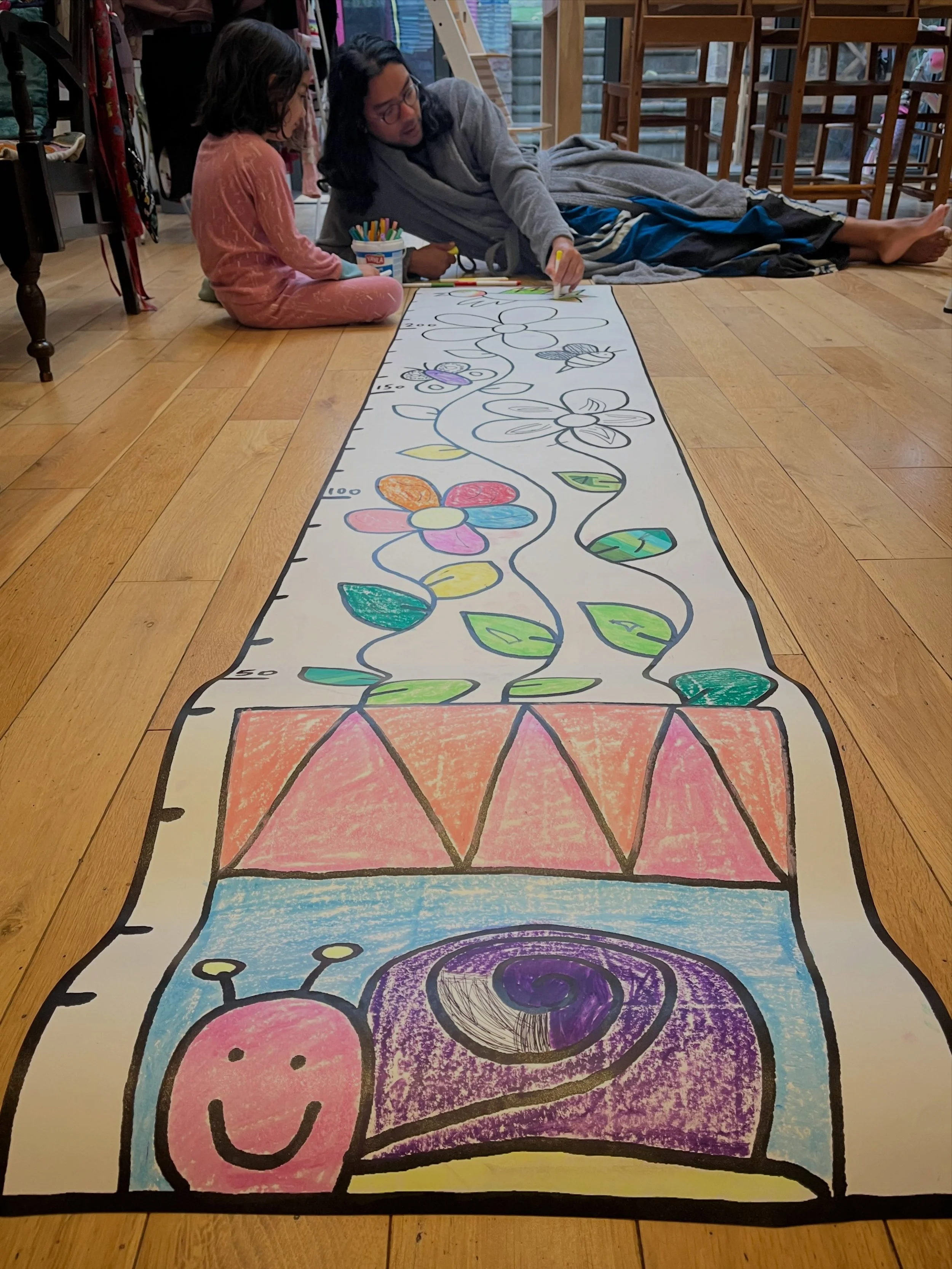 Saturday morning colouring! Our Color Your Own height chart is underway and looking gorgeous! #heightchart #coloryourown #annabrudercreations #alineart #familyactivities