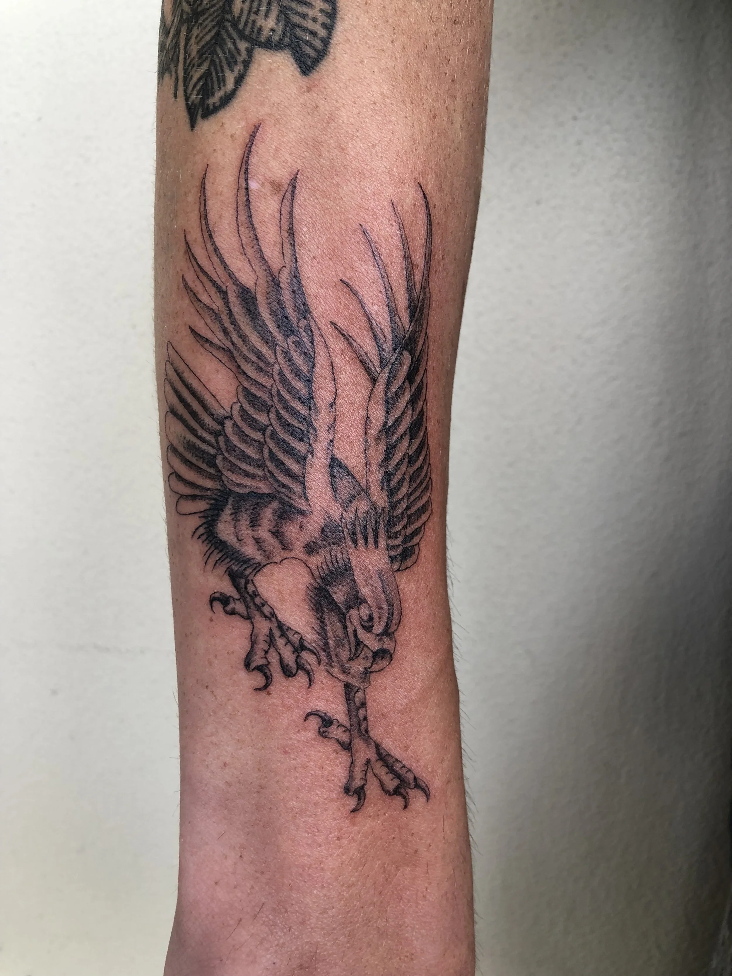 Tattoo of a dragon, depicted with wings spread and claws extended, on a person's forearm, made at Thanks Tattoo