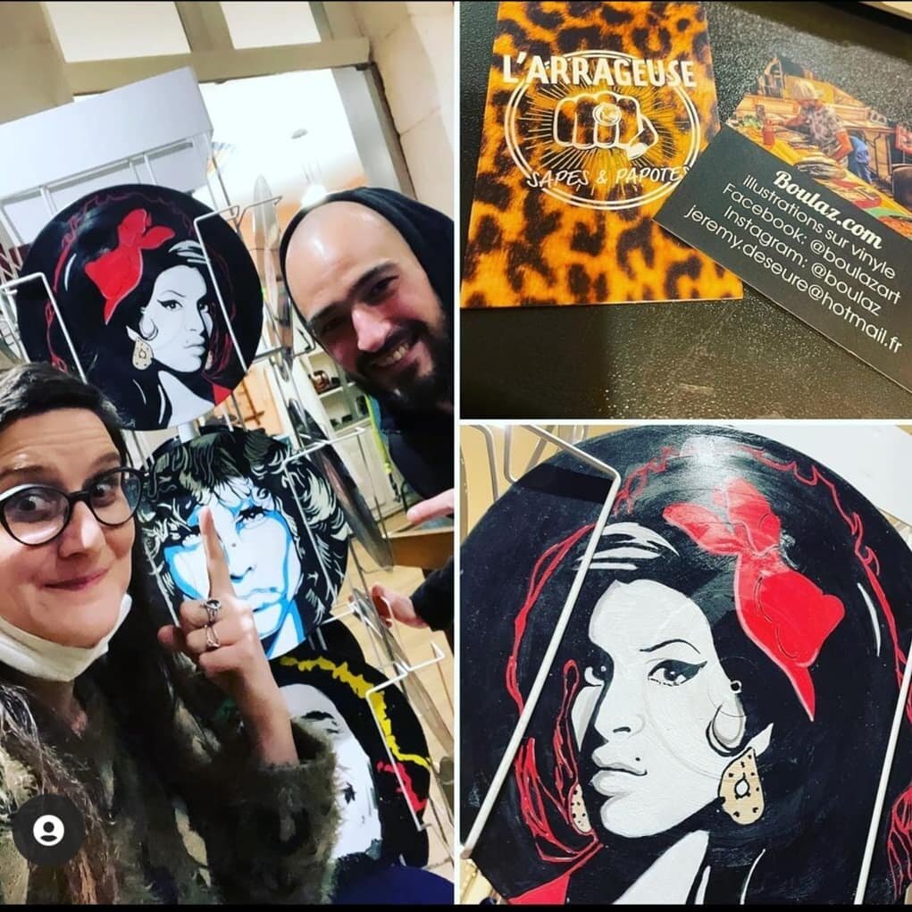 D&eacute;but d'une collaboration  avec la p&eacute;tillante @l_arrageuse.
Mes illustrations sur vinyles entour&eacute;s de sapes vintages 👌🏼👌🏼👌🏼
N'h&eacute;sitez pas &agrave; pousser la porte de sa superbe  boutique vintage. 
25 Rue Paul Doumer