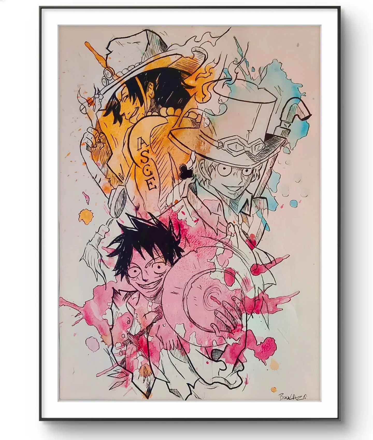Les 3 fr&egrave;res 

D'apr&egrave;s Eiichiro Oda

Aquarelle et posca sur papier 
A3

#onepiece  #luffy #ace #sabo
#eiichirooda