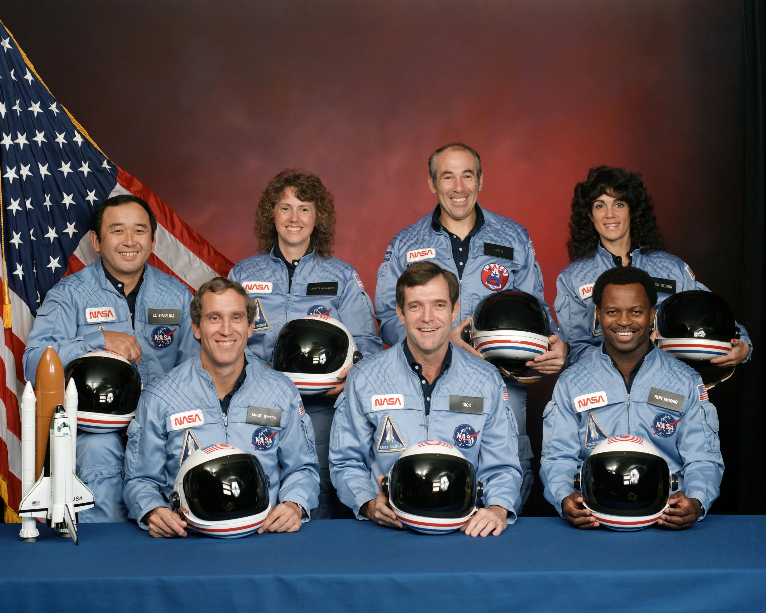 L-R: Ellison Onizuka, Michael J. Smith, Christa McAuliffe, Dick Scobee, Gregory Jarvis, Ronald McNair, Judith Resnik