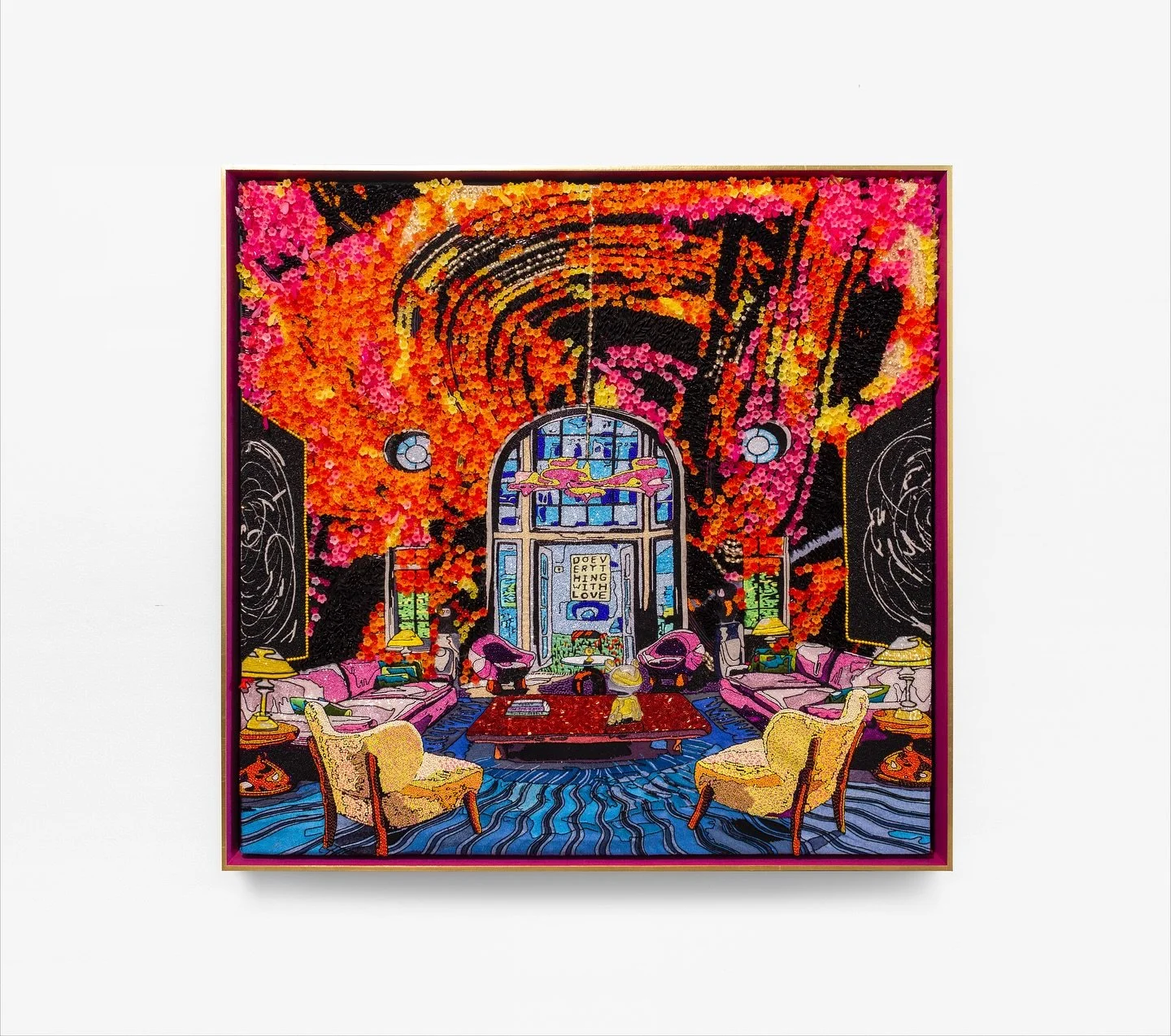 Here are the beaded and embroidery works by Norman O&rsquo;Flynn currently on show as part of his solo exhibition &ldquo;𝙄𝙎 𝙏𝙃𝙄𝙎 𝙏𝙃𝙀 𝙍𝙀𝘼𝙇 𝙇𝙄𝙁𝙀?&rdquo;

𝘋𝘰 𝘌𝘷𝘦𝘳𝘺𝘵𝘩𝘪𝘯𝘨 𝘞𝘪𝘵𝘩 𝘓𝘰𝘷𝘦 
Mixed media embroidery 
105cm &times