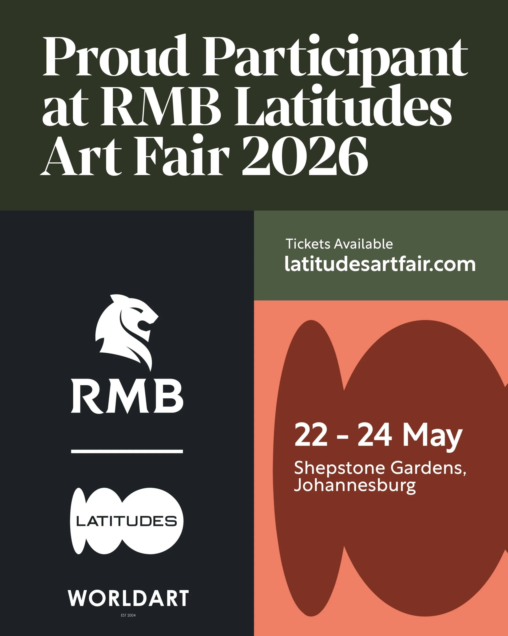 The annual RMB Latitudes Art Fair returns to Johannesburg from 22 - 24 May 2026, and next week WORLDART will once again present a focused selection of new works by artists from our programme. 

Set within the vibrant atmosphere of the fair, RMB Latit