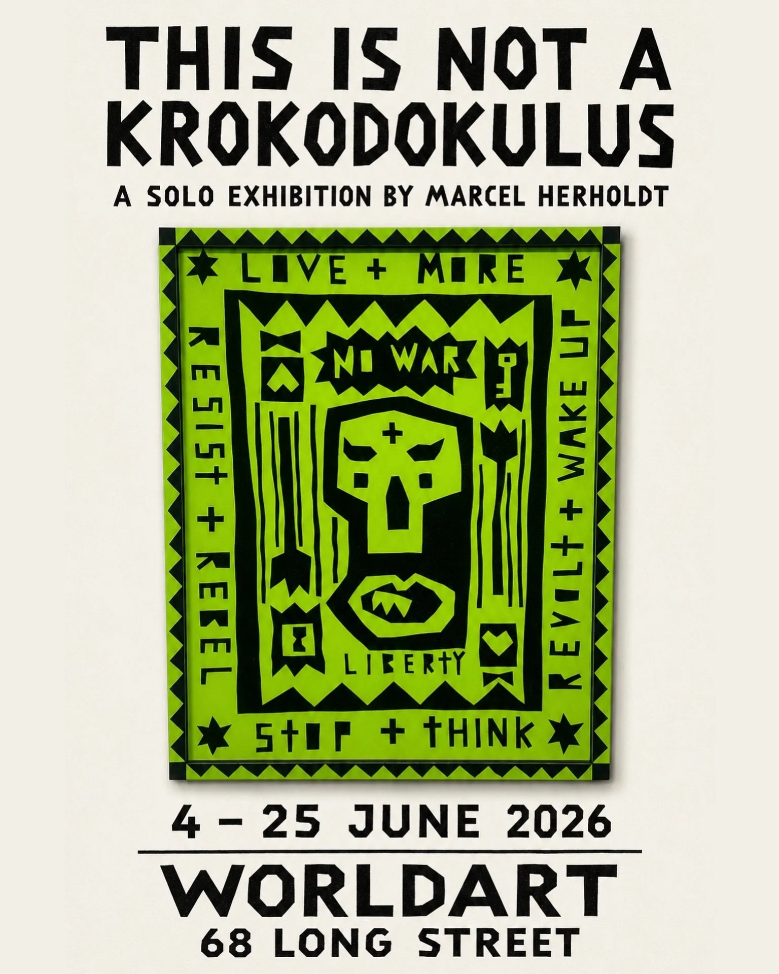 WORLDART is pleased to present 
𝙏𝙃𝙄𝙎 𝙄𝙎 𝙉𝙊𝙏 𝘼 𝙆𝙍𝙊𝙆𝙊𝘿𝙊𝙆𝙐𝙇𝙐𝙎, a solo exhibition by Marcel Herholdt.

Drawing on a personal visual language of recurring symbols and motifs, Herholdt&rsquo;s work explores themes of freedom, choice, 