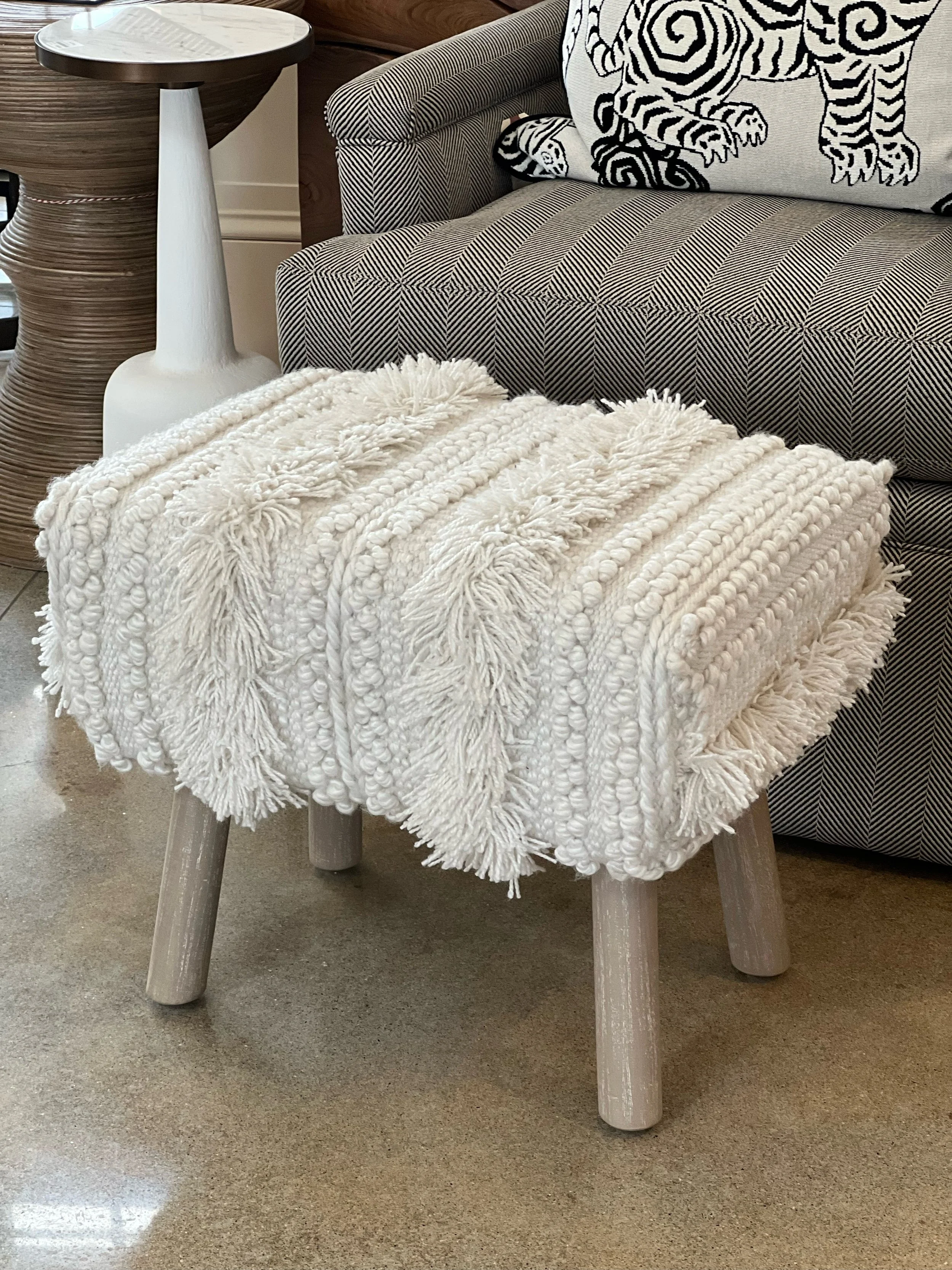 Textured Stripe Ivory Mini Rug Ottoman