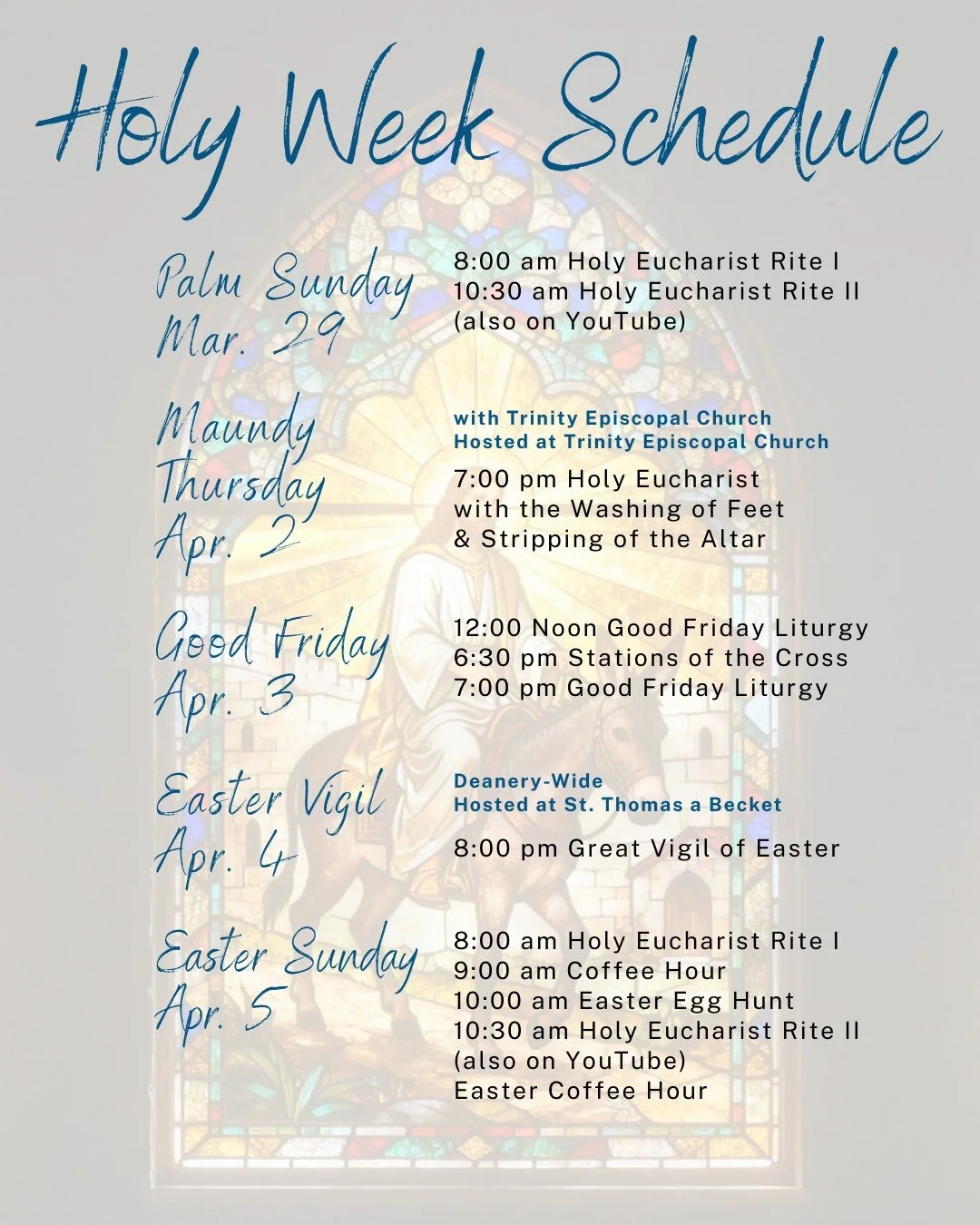 Palm Sunday 🌿
8:00 am Holy Eucharist Rite I
10:30 am Holy Eucharist Rite II (also on YouTube)

Maundy Thursday 👣
with Trinity, hosted by Trinity
7:00 pm Maundy Thursday Liturgy with Footwashing

Good Friday ✝
12:00 noon Good Friday Liturgy
6:30 pm 