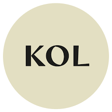 Logo with the letters KOL in a circular beige background.