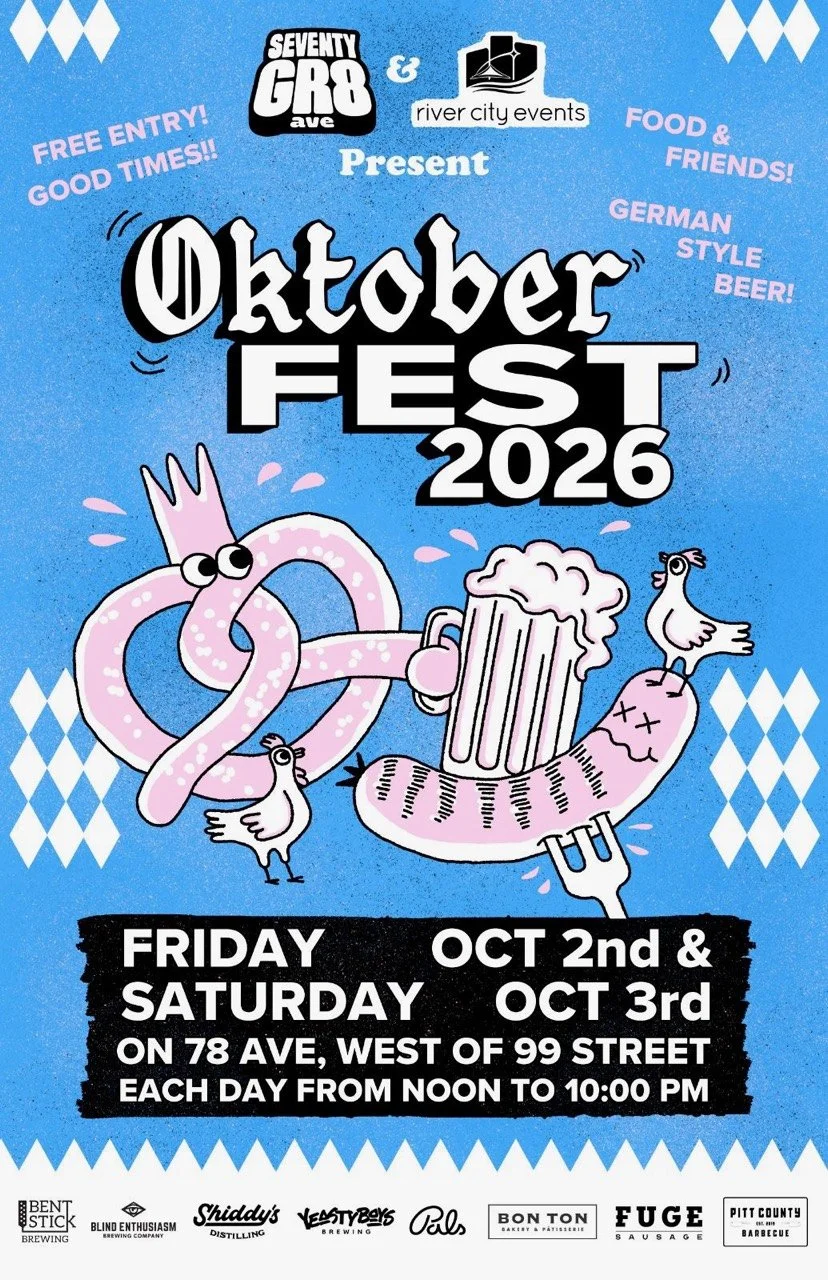 Oktoberfest 2026: October 2 and 3, noon to 10 p.m. each day, on 78 Avenue west of 99 Street in Edmonton. Free entry. Pitt County BBQ is participating.