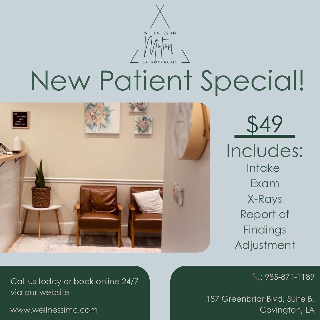 ✨New Patient Special!✨

We&rsquo;re now running a limited time offer on our new patient visits (day 1 &amp; 2). $49 will include:
-Intake
-Exam
-X-Rays
-Report of findings
-Adjustment

🗓️ Book an appointment via our website (www.wellnessimc.com) or 