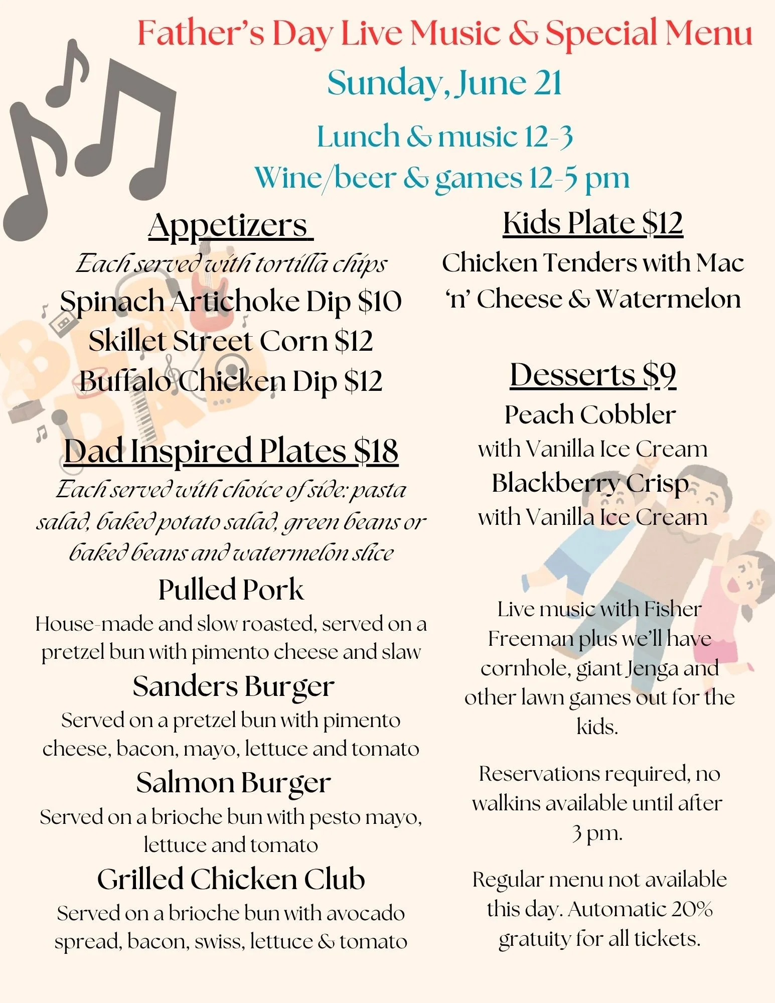 Father’ Day Live Music on the Pavilion + Special Lunch Menu &amp; Lawn Games
