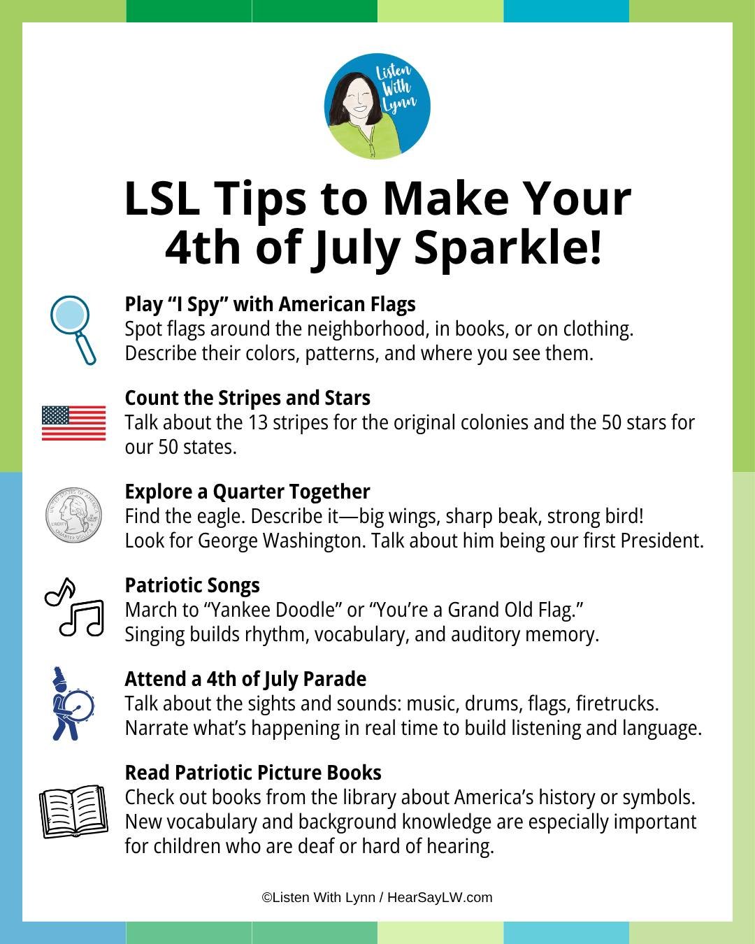 Here are a few 🇺🇸 4th of July 🇺🇸 Listening and Spoken Language tips for therapy sessions, school lessons, or to share with families. If you use any, let me know what you think.
.
.

🇺🇸 July 4th Listening Finger Walk Game -  https://www.teachers