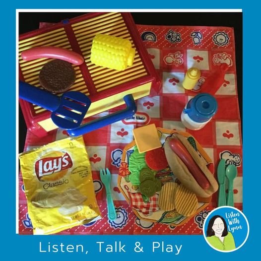 ☀️ It wouldn't be summer without a picnic 🐜 🐜 🍉  in auditory verbal therapy. 
🍉 Pre-teaching the vocabulary, concepts, and social skills for the upcoming 4th of July holiday and other summer picnics!
.
.
🌼 🦋 Looking for summer listening and lan