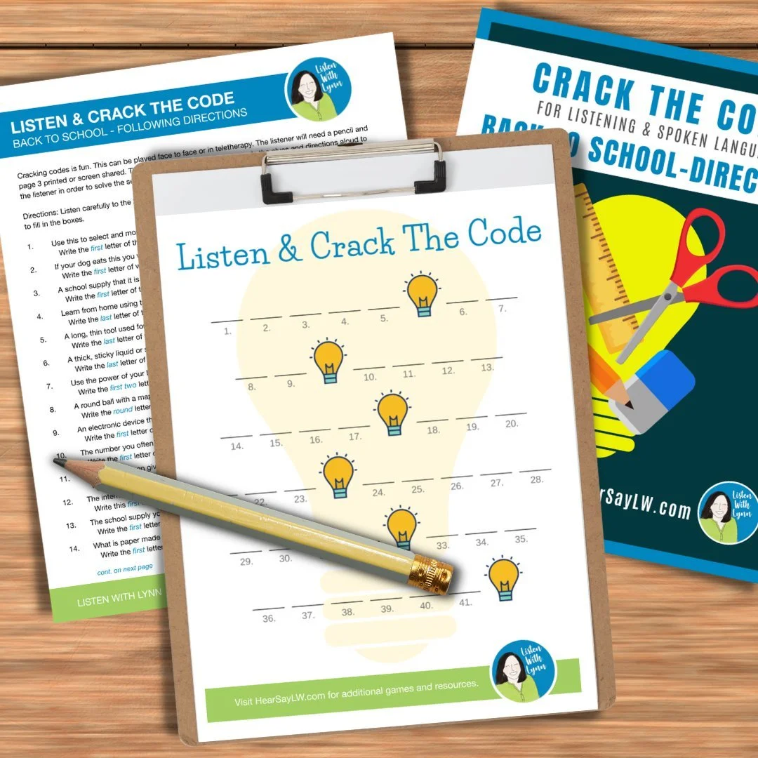20 Back To School themed listening codes to crack. Each code has two steps.

 ✐  First - The child listens and solves a school-related vocabulary clue.
 ✐  Second - Then, using that answer they follow directions and fill in the blanks.

This activity