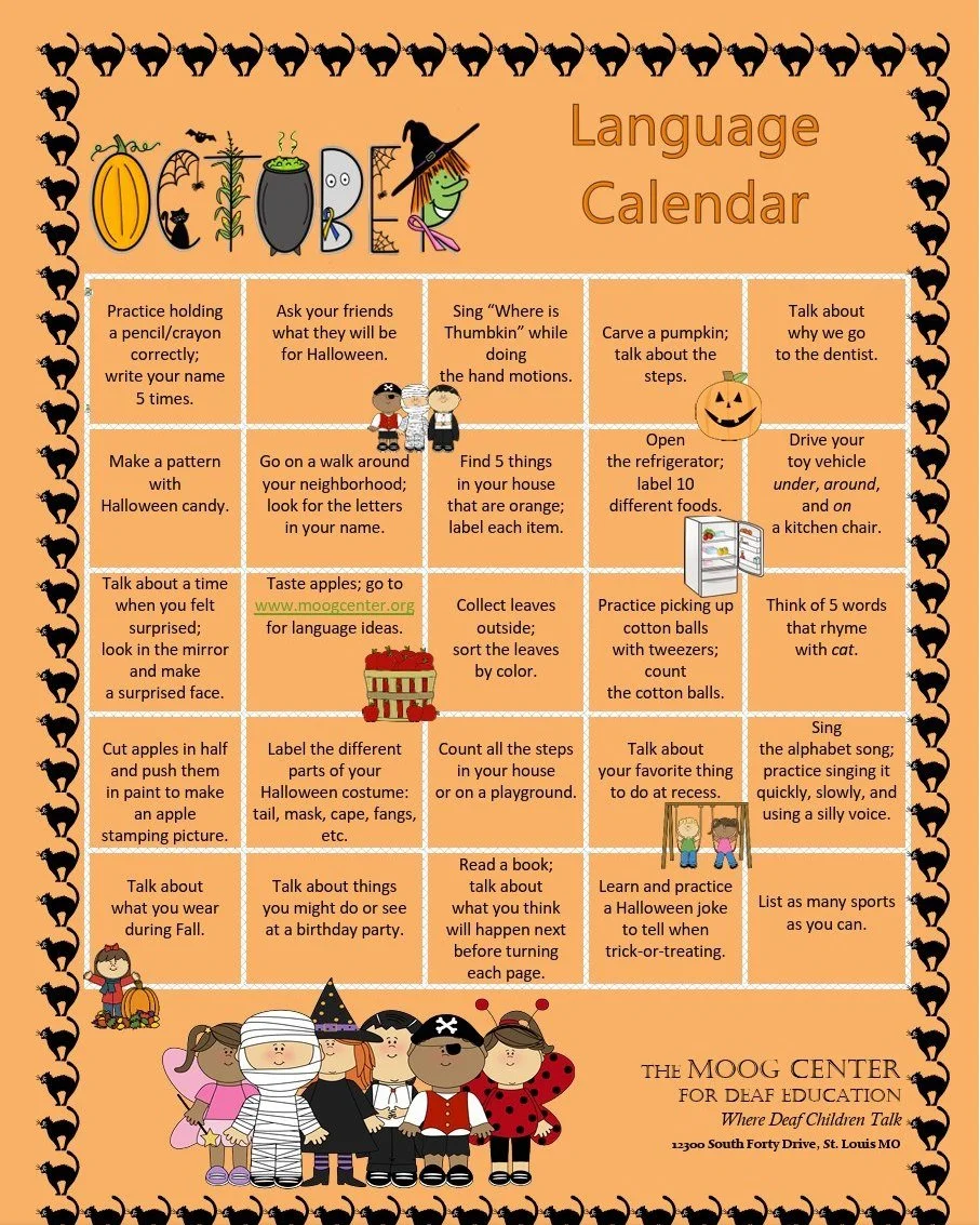 Don't miss the free downloadable October language calendar from The Moog Center for Deaf Education 

LINK: https://www.moogcenter.org/wp-content/uploads/2025/10/October-Language-Calendar-2025.pdf
.
.
 #auditoryverbaltherapy #lsls #SLPeeps #slpeeps #L