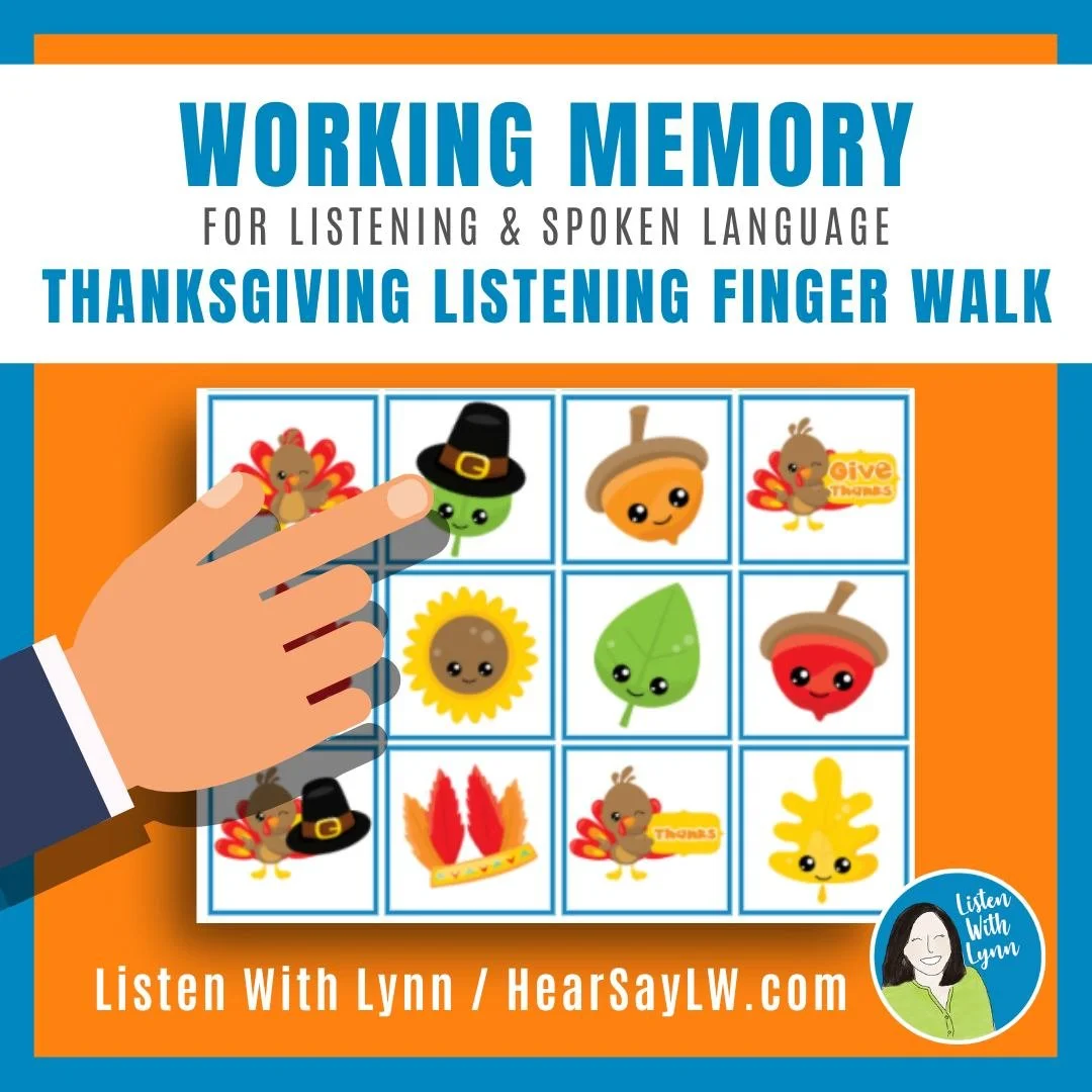 The Thanksgiving Listening Walk is FUN for the kids and SIMPLE for you!
 ➯ Builds listening skills and working memory by allowing kids to work with auditory information without losing track of what they're doing.
 ➯ Targets vocabulary, descriptive sk