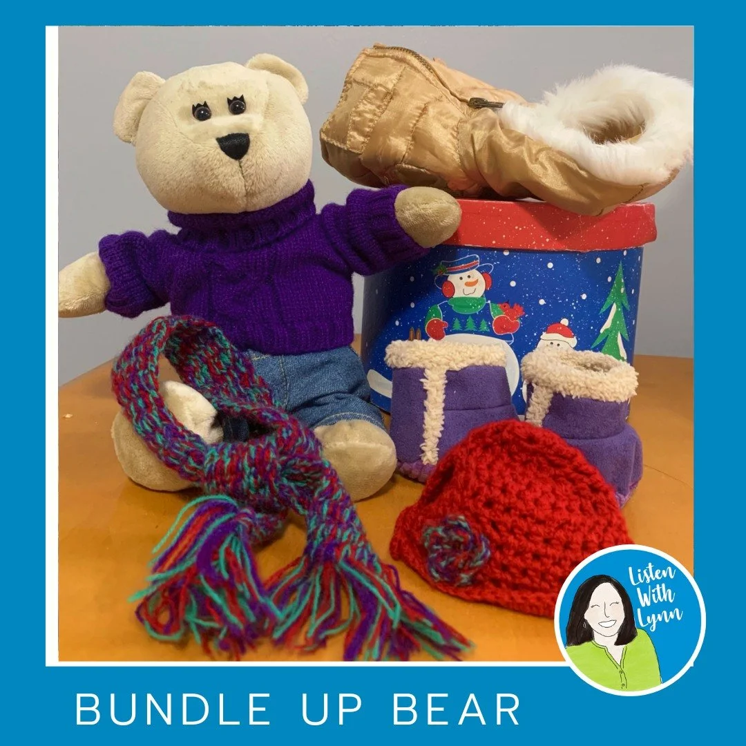 Playing, dressing, and bundling up  bear in auditory verbal therapy is a great way to model listening and language in daily routines with kids and their parents.
 ✧ Talk about winter clothing = BOOTS.
 ✧ Talk about body parts = Boots go on your FEET.