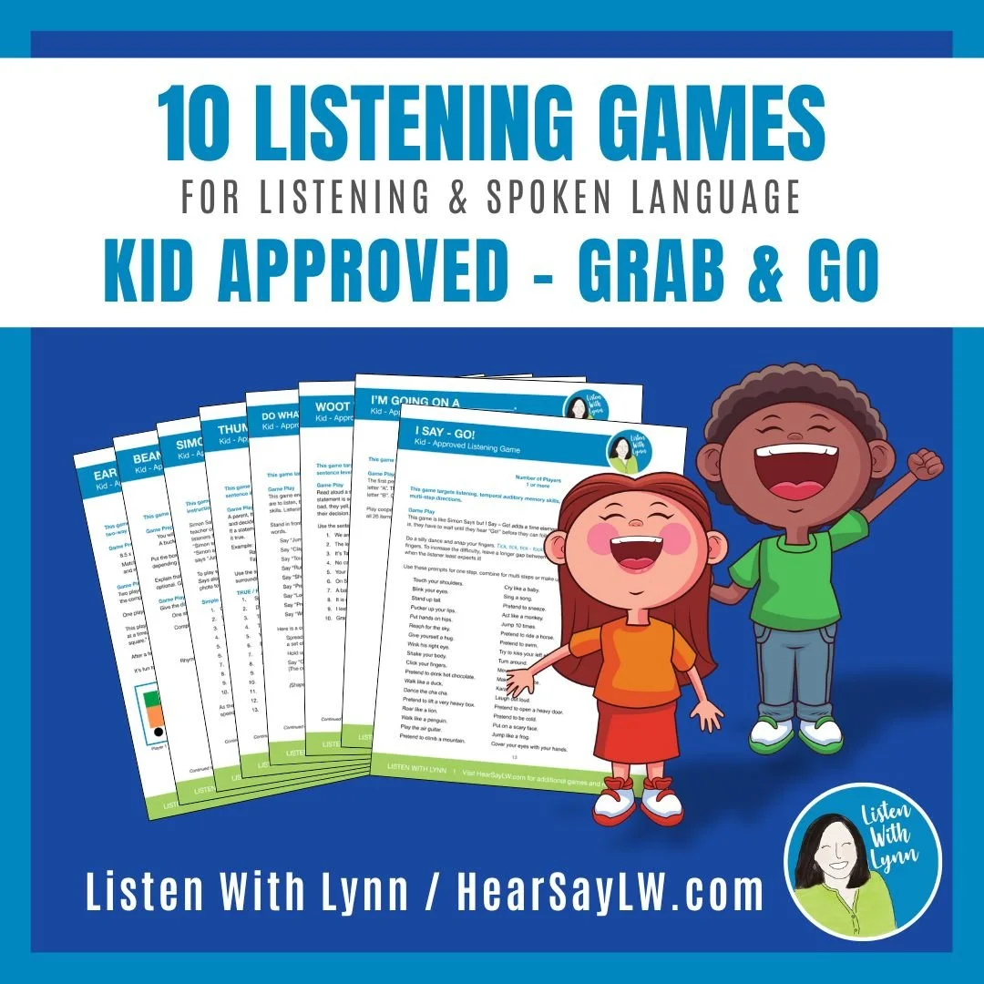 TEN Kid-approved listening games and language activities for your grab-and-go toolbox.

Each game includes specific goals to target, such as following directions, auditory memory, processing, and comprehension, while building language and communicati