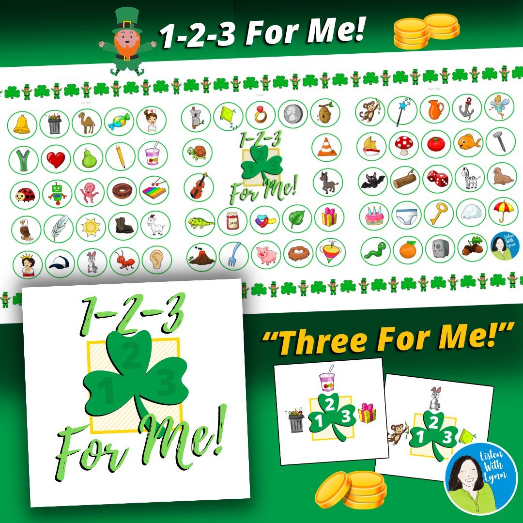 1-2-3 For Me ☘️ is a listening and language auditory association game that uses the three leaves of a shamrock for St. Patrick&rsquo;s Day fun.

It is yet another way to expand a child&rsquo;s listening, vocabulary, descriptive language, categories, 