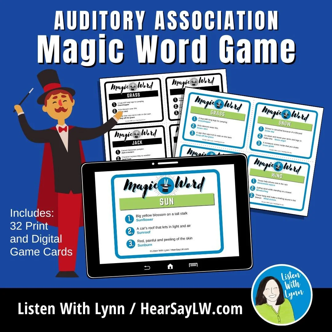 🎩 The MAGIC WORD game builds listening, auditory comprehension, vocabulary, and thinking with language skills. Abracabrada!
.
🎩 You Can Target: &bull; Auditory Association &bull; Auditory Memory &bull; Auditory Comprehension &bull; Thinking with La
