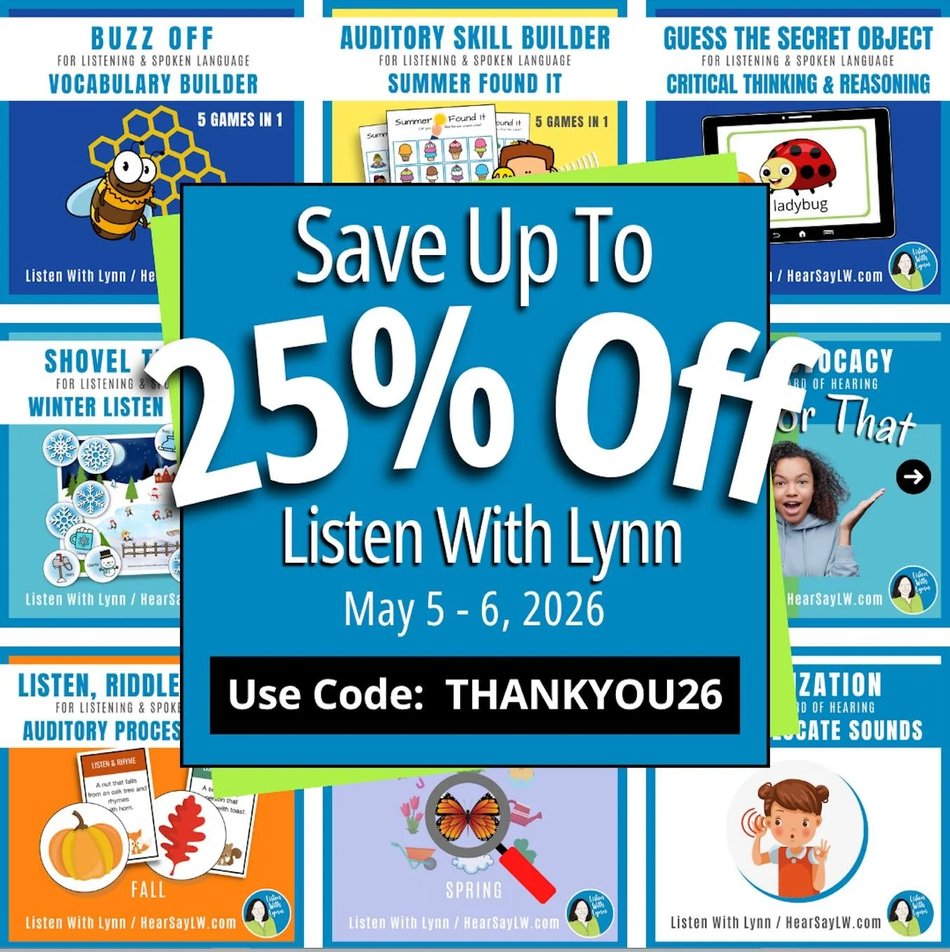 🌷 Don&rsquo;t scroll past this Sale! TODAY, all the activities, games, and lessons you need are at 25% Off!

 🌷 Use promo code THANKYOU26 at checkout to save up to 25% off.

★ ★ Shop: https://bit.ly/ListenWithLynn
.
.
#ListenWithLynn #DeafEd #deafe