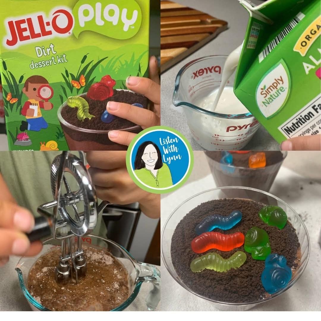 The HAND MIXER is the key to fun when making Dirt Cups! Use instant chocolate pudding, crushed Oreos, and gummy worms. 
Experiential listening and language activities are amazing for so many ages and target countless goals! Make dirt cups with all th