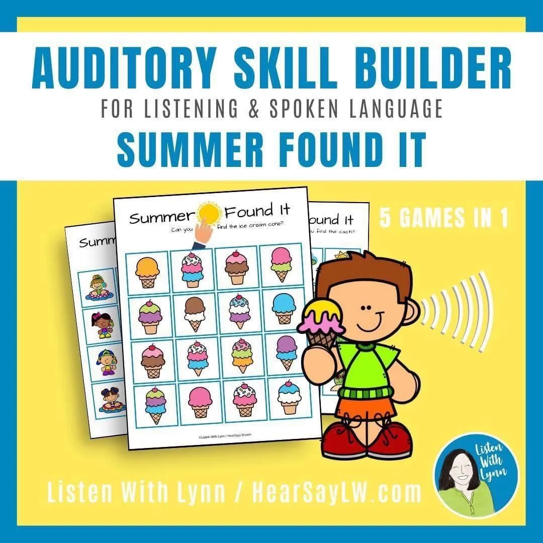 ☀️ Mix and Match the 5 auditory skill builder games with any of the 5 summer-themed game card sets. 

☀️ FIVE LISTENING AND LANGUAGE GAMES
1. Auditory Identification (Listening Lotto)
2. Auditory Memory (Listen and Remember)
3. Auditory Association (