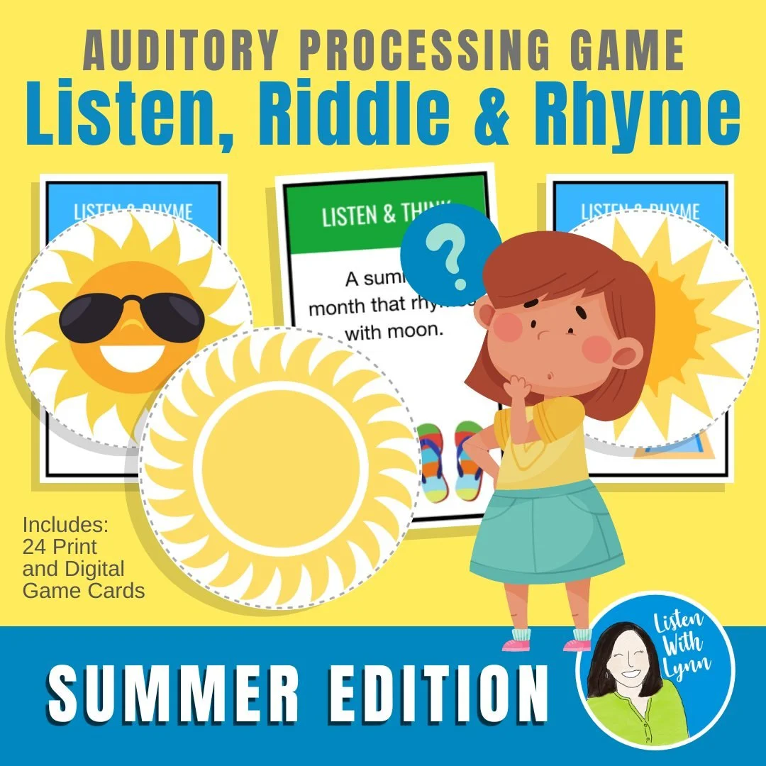 Listen, Riddle, &amp; Rhyme is a game where players listen for details, use their auditory memory and processing skills to solve riddles with rhyming clues, and learn summer vocabulary.
You can target:
&bull; Auditory processing, closure, memory, and