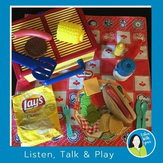 ☀️ It wouldn't be summer without a picnic 🐜 🐜 🍉  in auditory verbal therapy. 

🍉 Pre-teaching the vocabulary, concepts, and social skills for the upcoming Father's Day, 4th of July and other summer picnics!

🌼 🦋 Looking for summer listening and