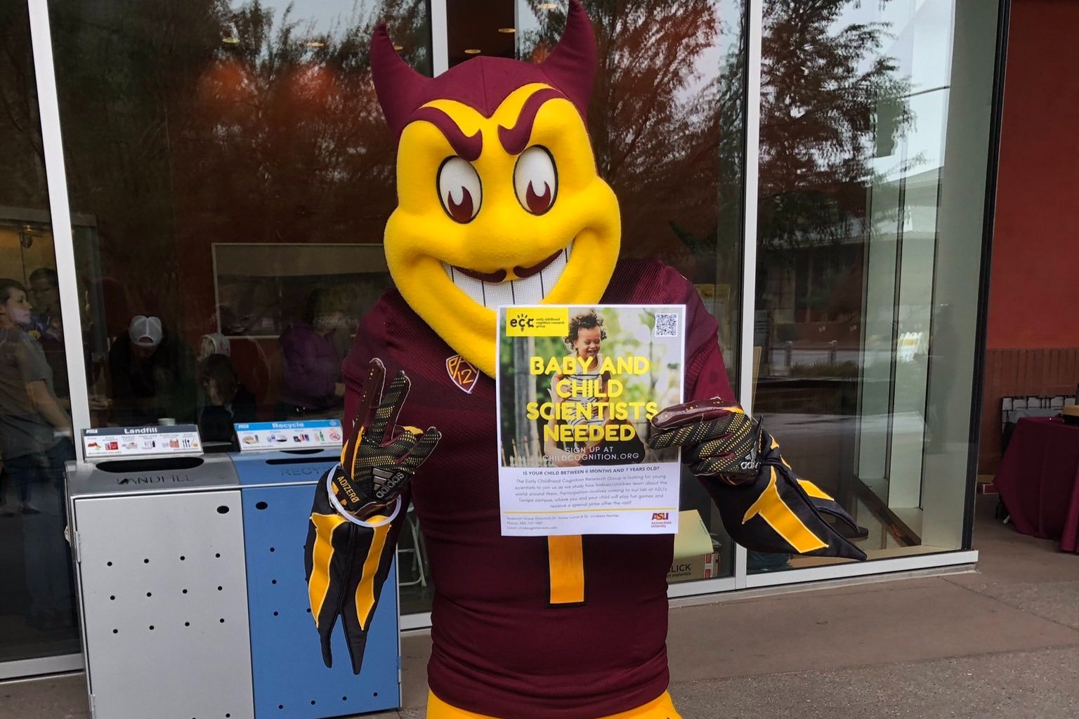  The Early Childhood Cognition Research Group received a very enthusiastic seal of approval from Sparky the Sun Devil at ASU’s Open Door event. 