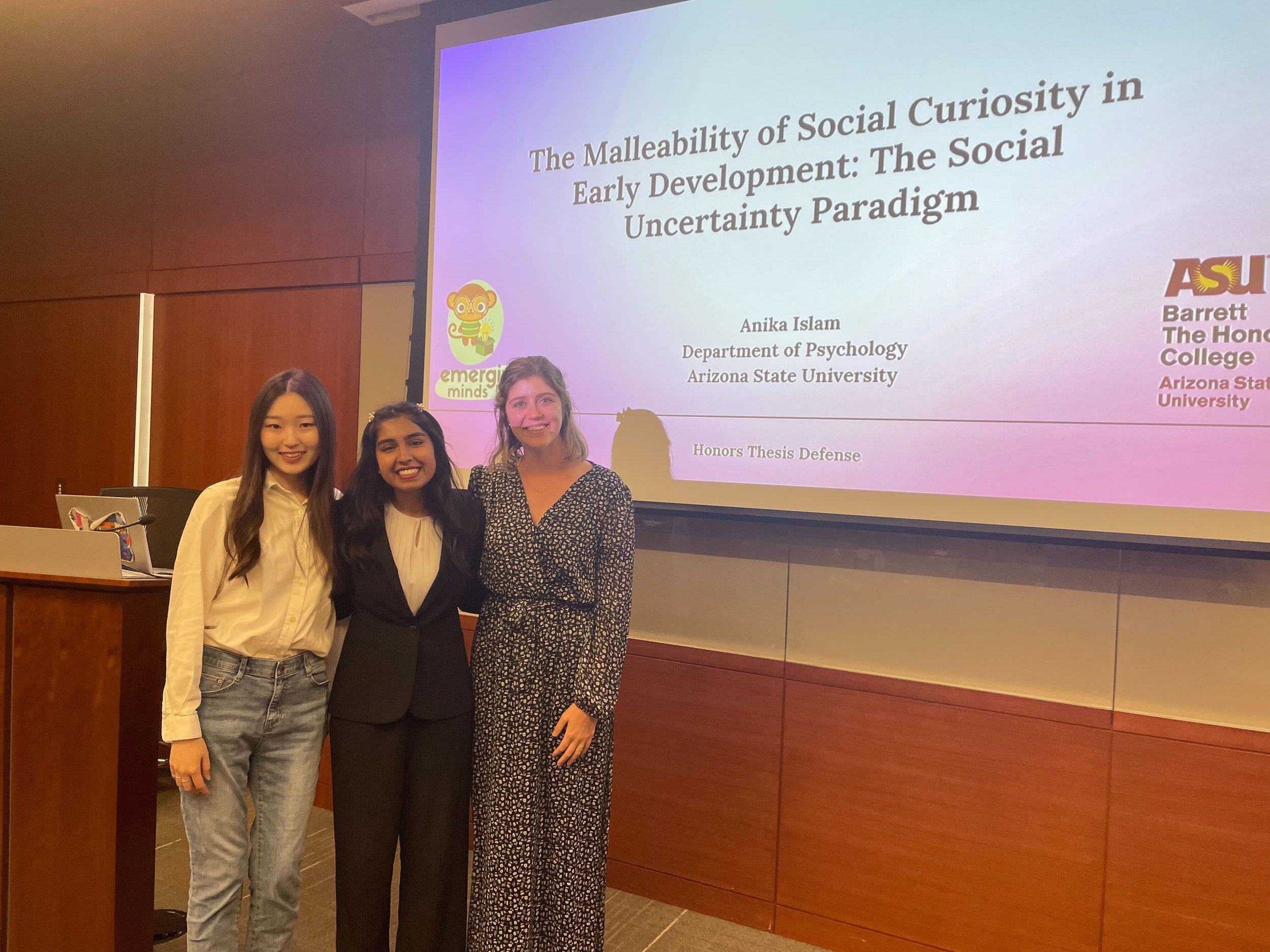 Anika Islam (center) after defending her honor's thesis with mentor Nayen Lee (left) and Dr. Kelsey Lucca