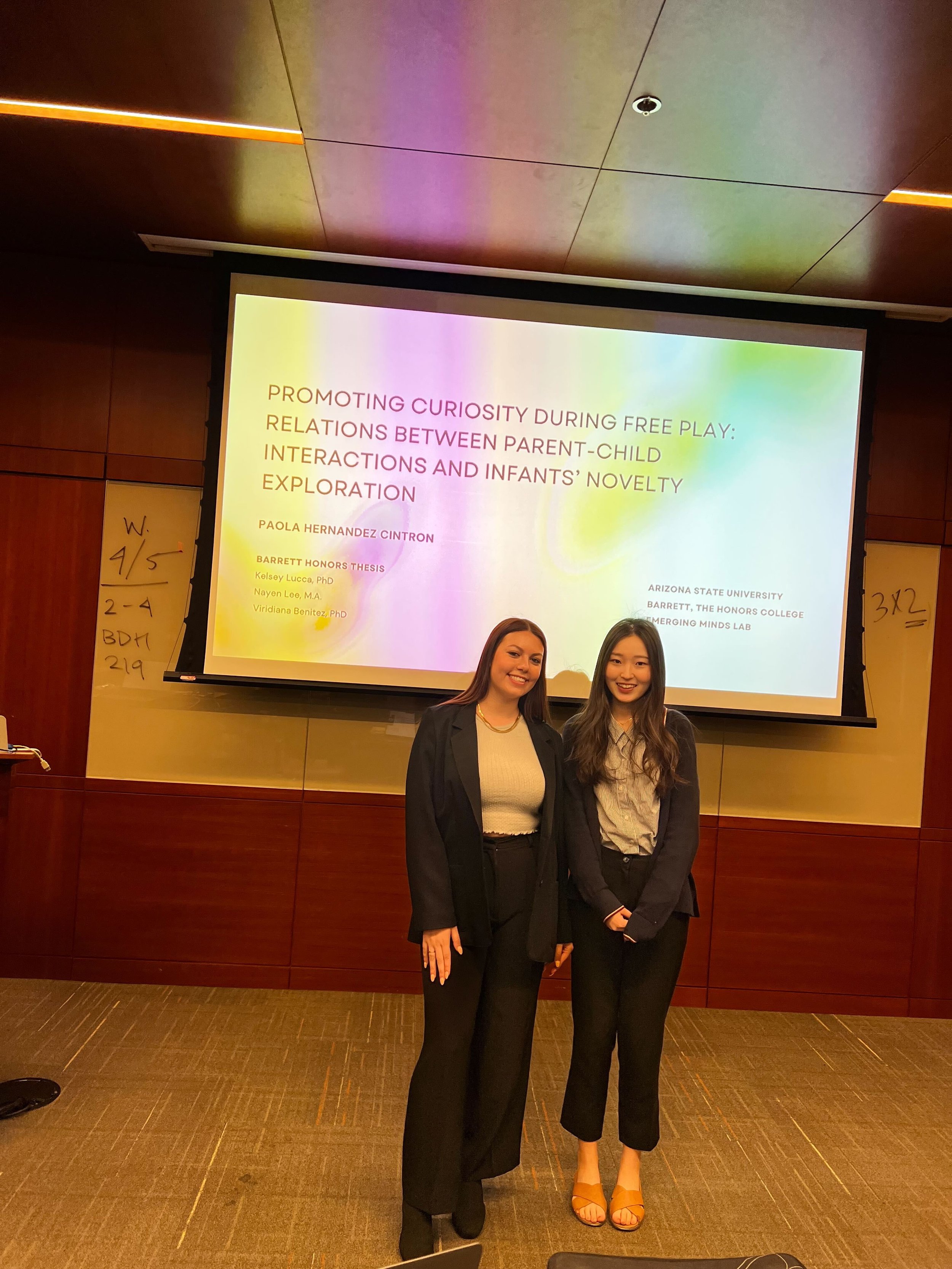 Paola Hernandez (left) and her mentor Nayen Lee (right) after defending her honors thesis