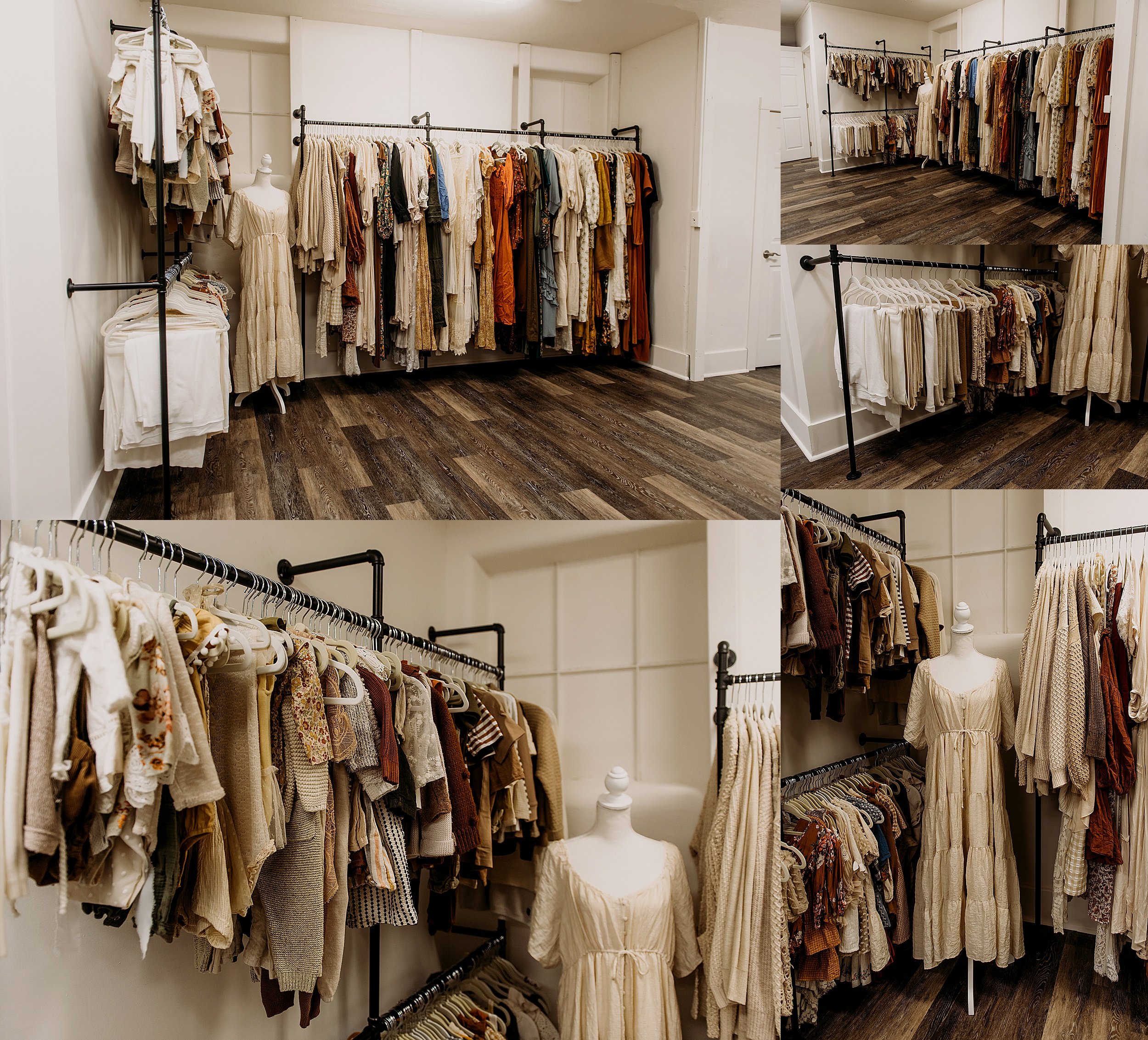 Studio wardrobe for newborn photography sessions with neutral, soft fabrics.