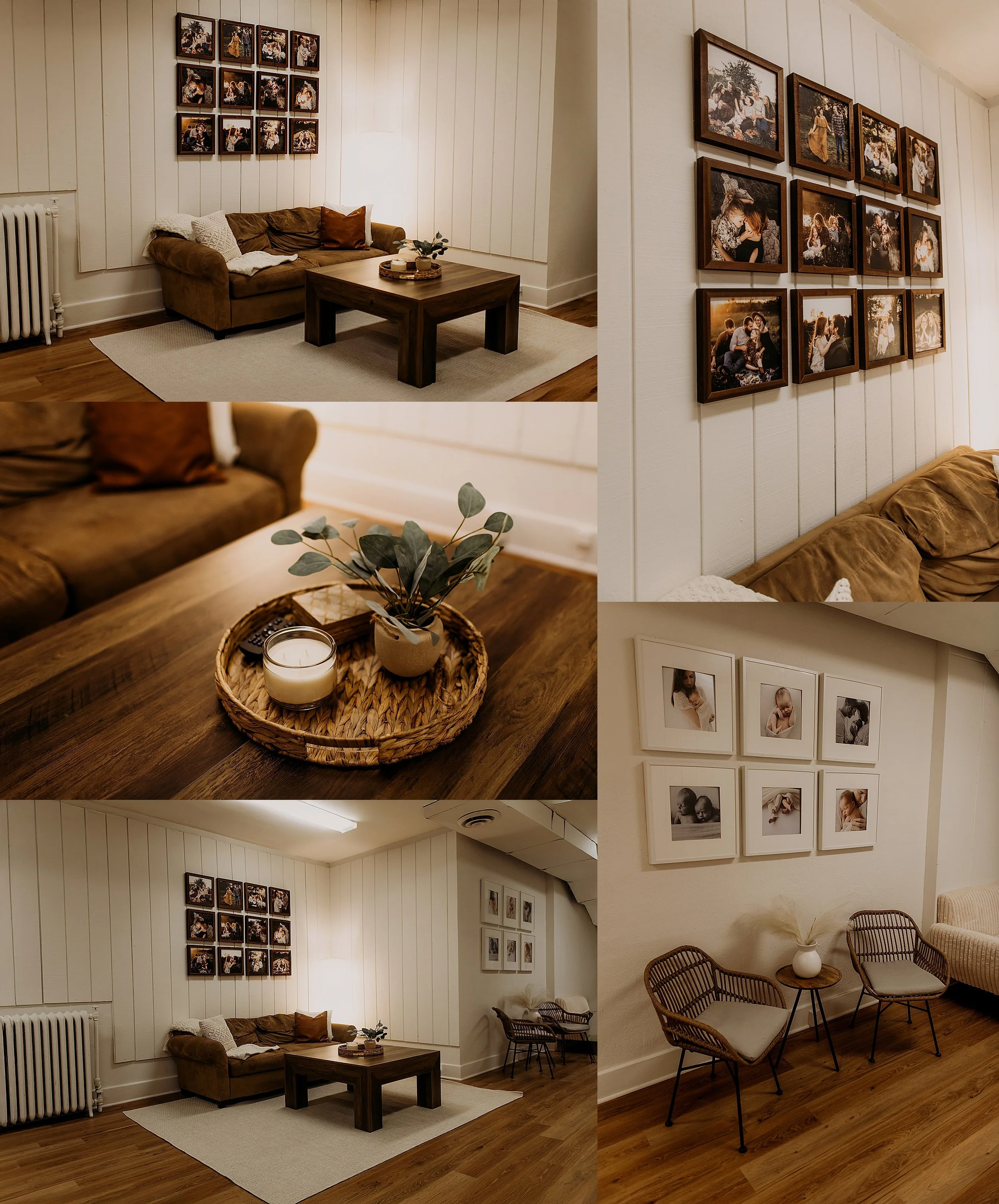 Calm newborn photography studio space with seating for parents.