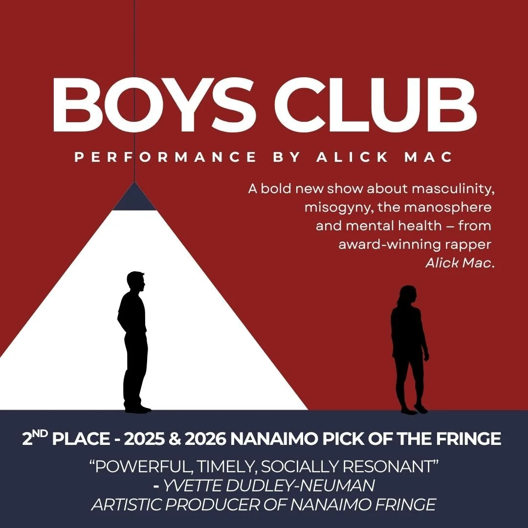Image of the Boys Club poster, with a silhouette of a man under a lamp light looking at the silhouette of a woman at the edge of the image.