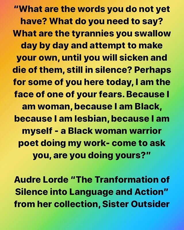 Sister Outsider by Audre Lorde. Hard hitting, relevant, powerful, necessary. This is a quote from her essay on silences. May we stop being silent and start speaking up.
.
.
.
.
.
.
.
.
.
.
.
#audrelorde #sisteroutsider #antiracistbookclub #antiracist