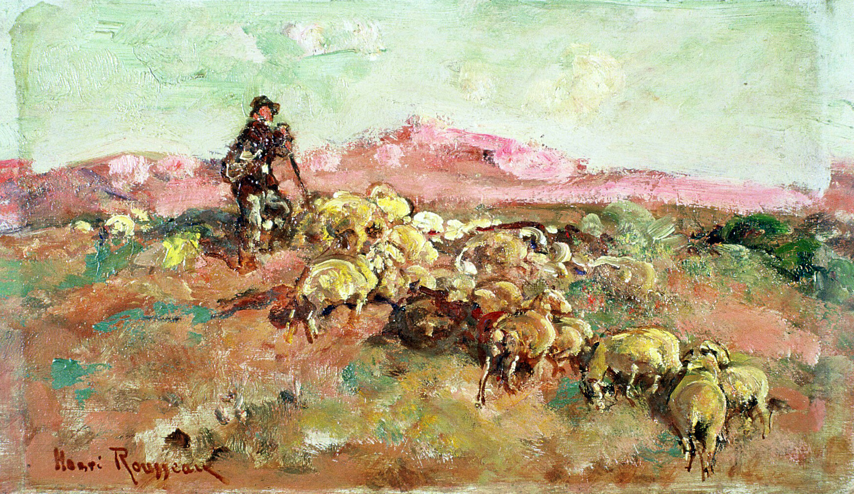 Berger et son troupeau devant des montagnes roses