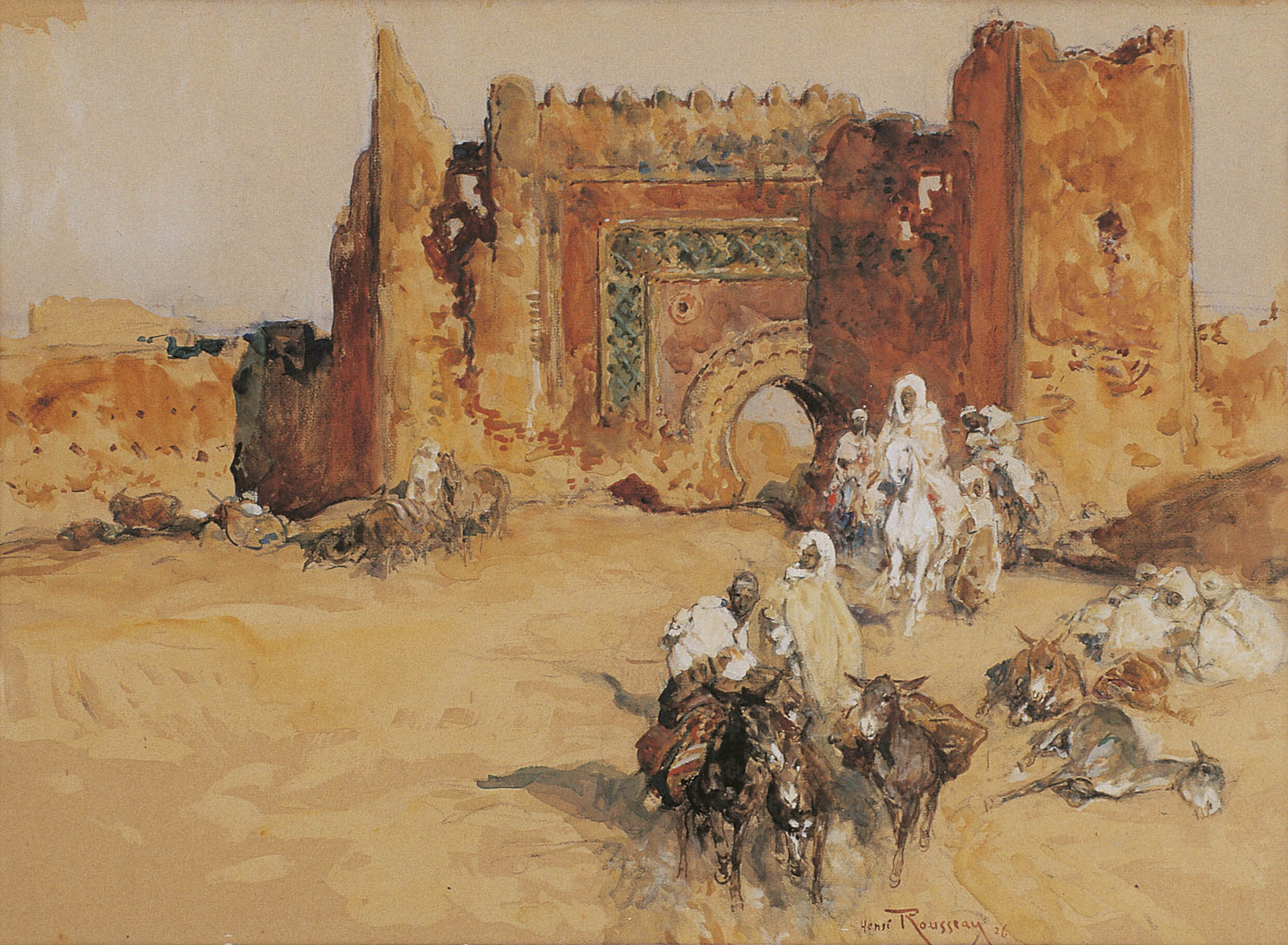 Cavaliers et âniers sortant d'une porte de Meknès