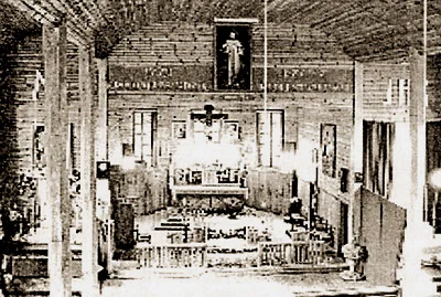 The original image of Divine Mercy hanging in a small church in Nowa Ruda, Belarus sometime between 1970 and 1986. No inscription is on the canvas.