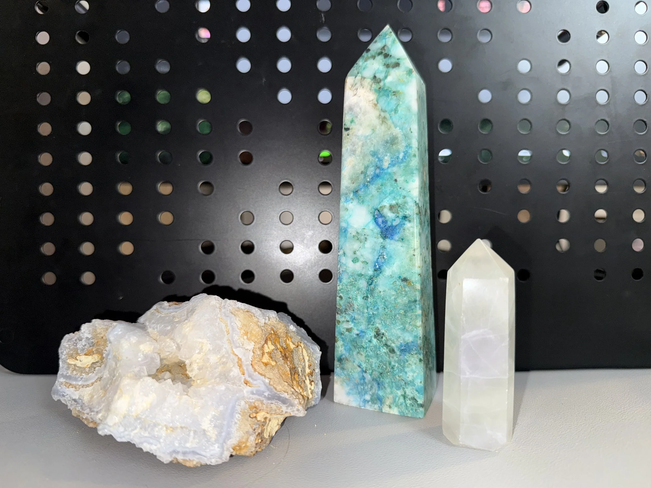 Blue Lace Agate Raw Chunk, Blue Apatite Tower & Aura Quartz Tower