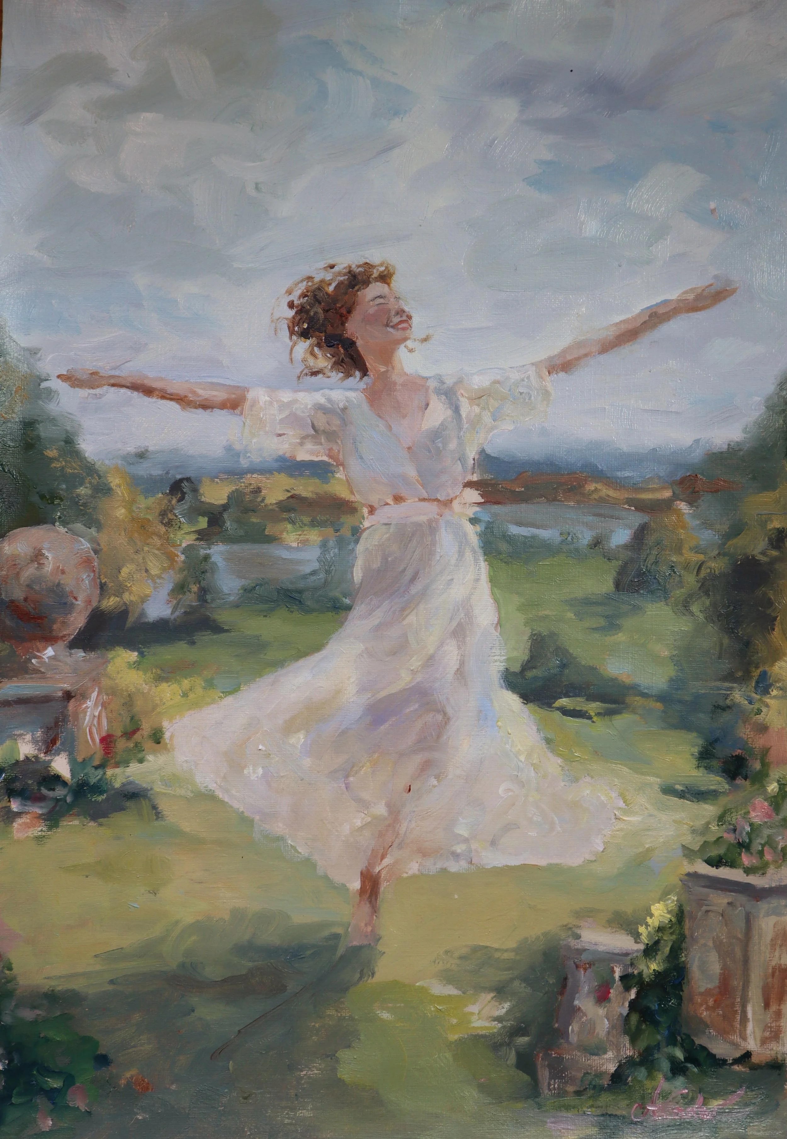 Oil painting of a lady in a garden