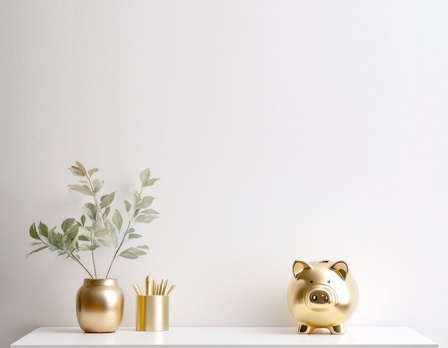 Gold piggy bank on a clean desk used for strategic tax planning and RRSP loan guidance.
