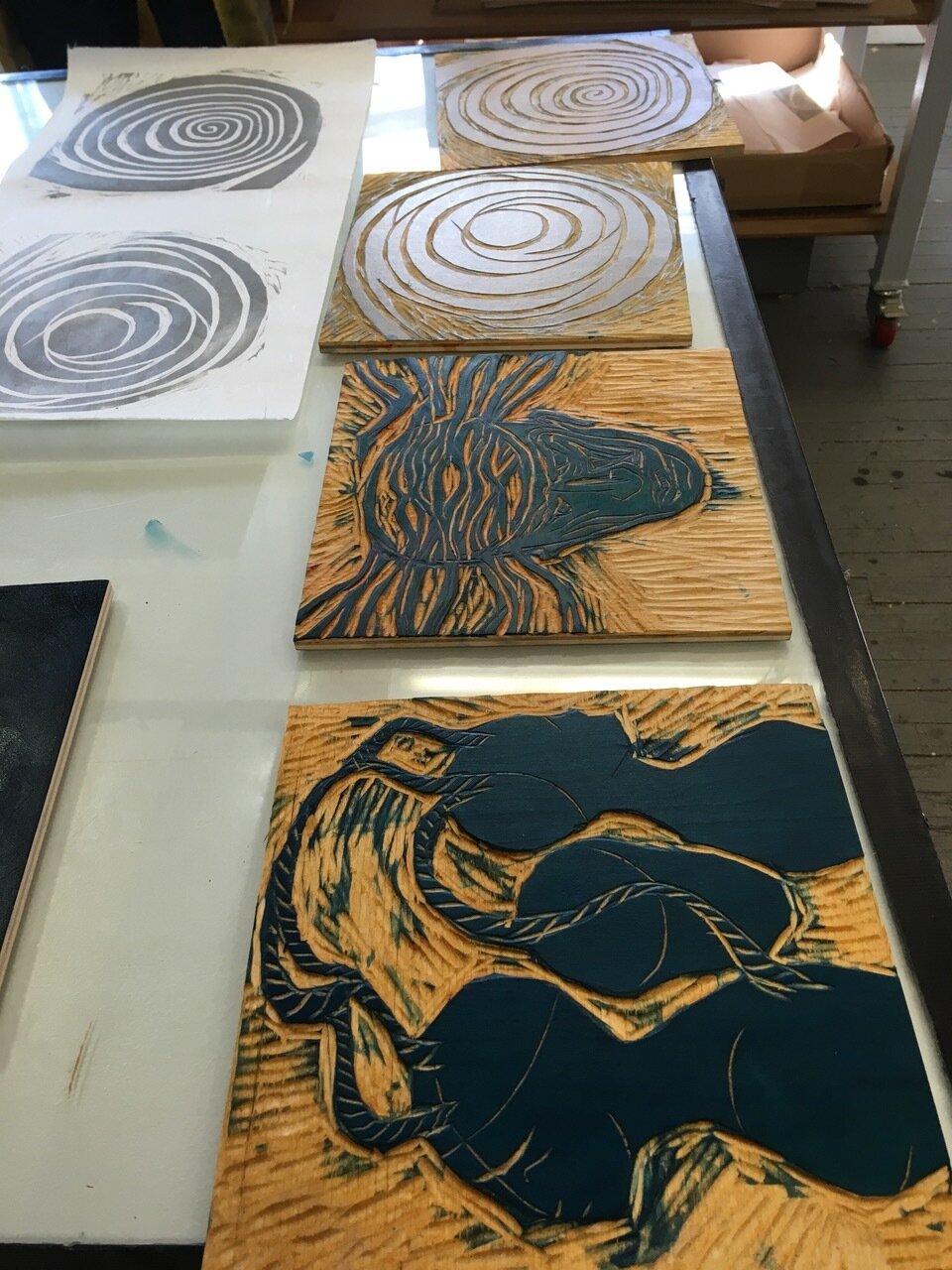  Mira’s woodblocks for her book about the Tempest. 
