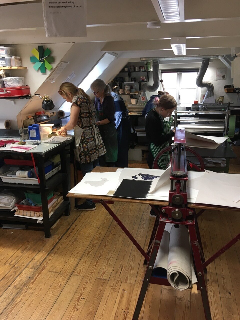  Interior view of one of the studios with a mixed media print workshop in process. 