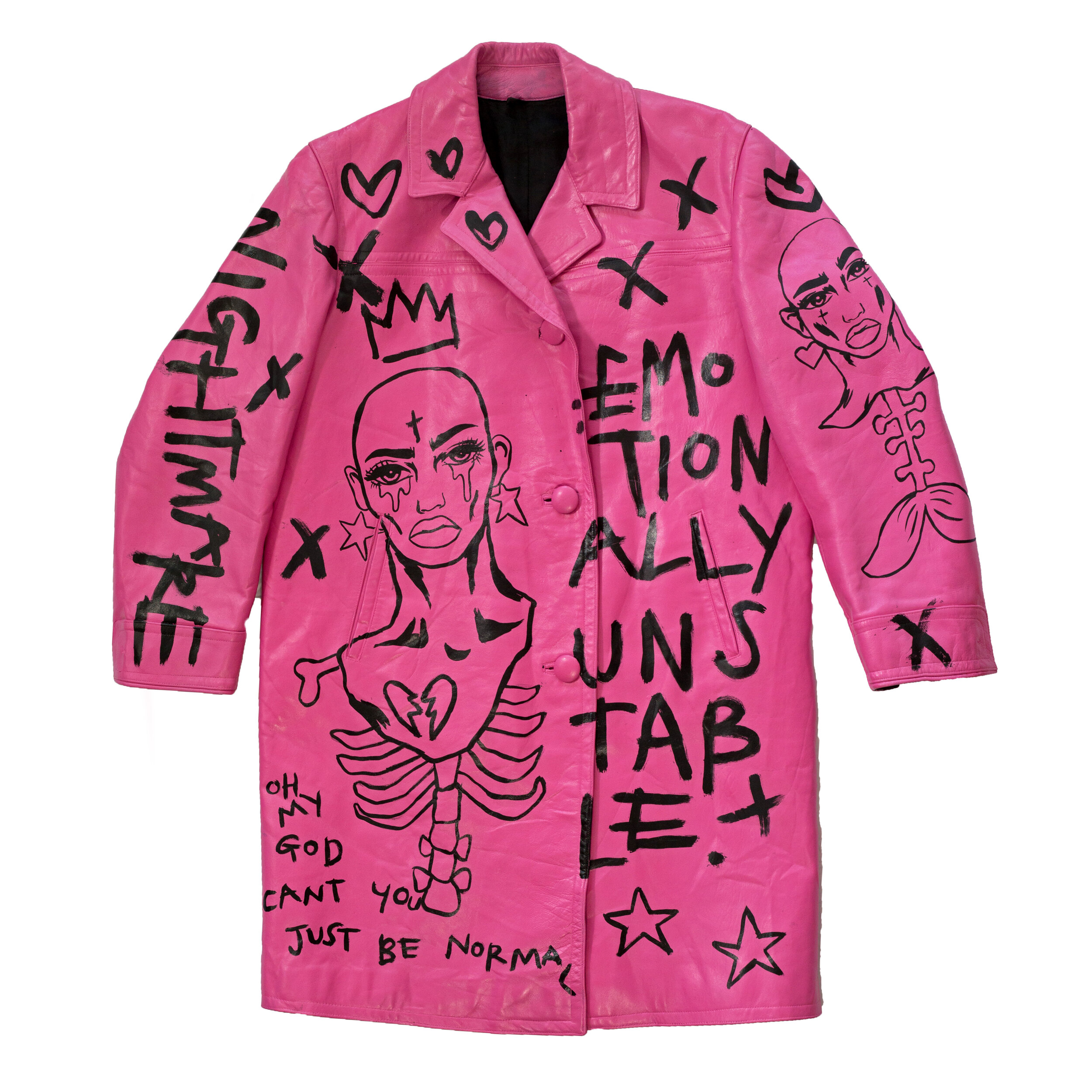'EMOTIONALLY UNSTABLE' PINK LEATHER COAT